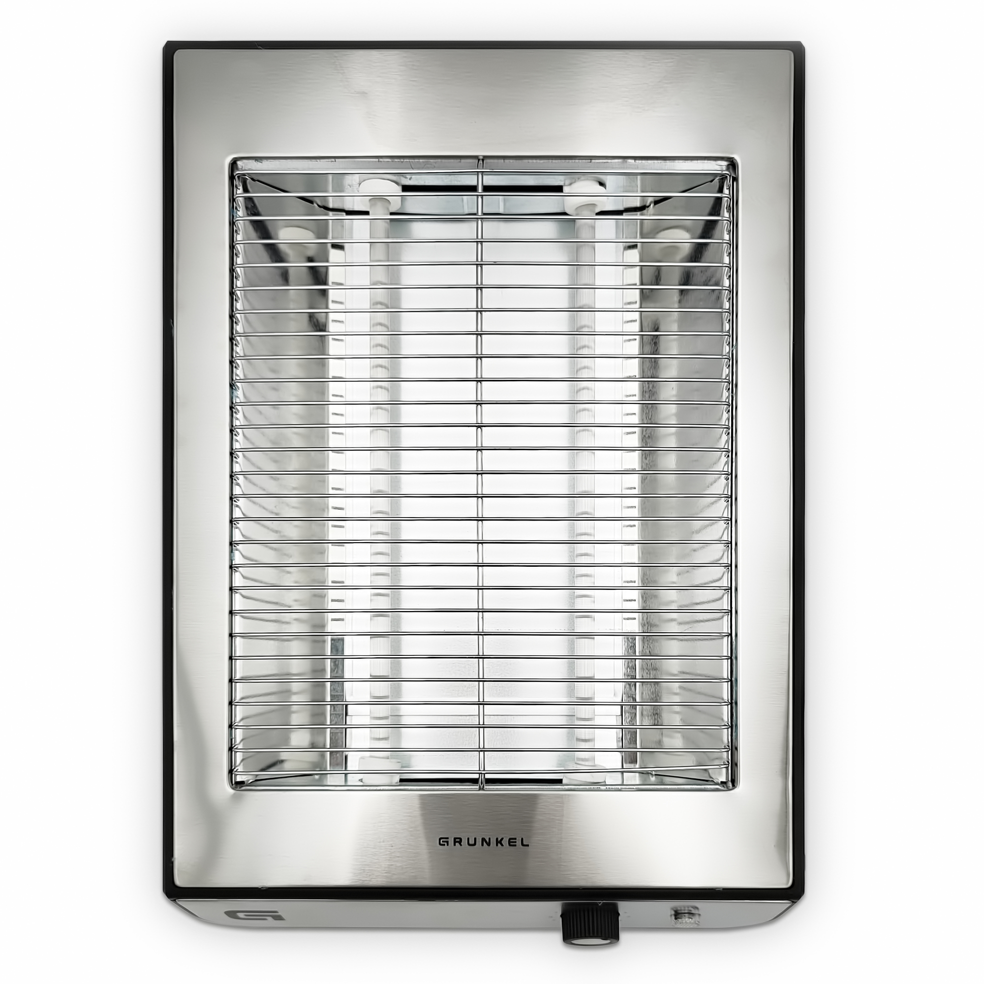 Un calefactor eléctrico de acero inoxidable Grunkel con un mando negro.