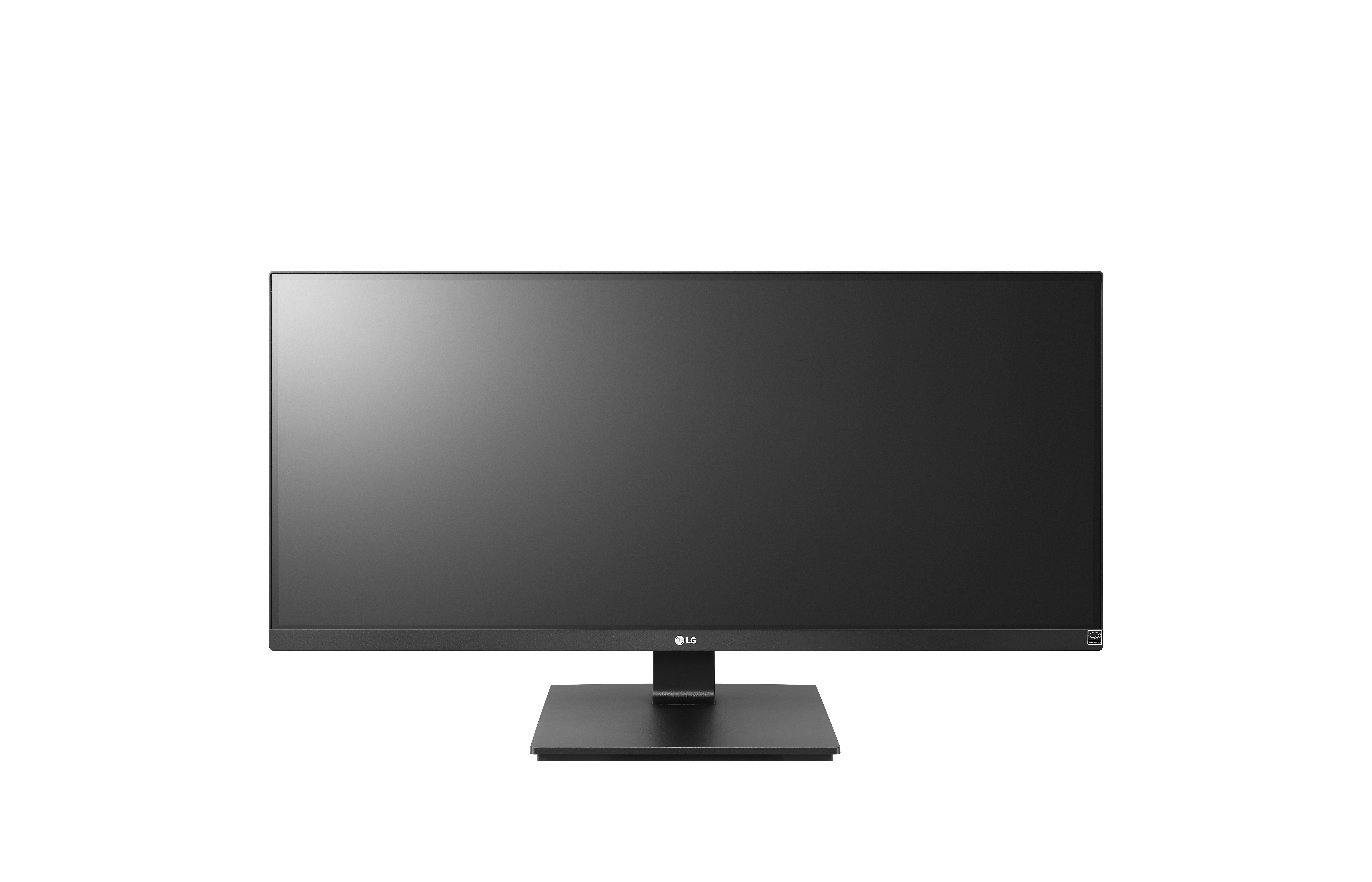 Monitor del computer nero con schermo rettangolare. Lo sfondo è bianco.