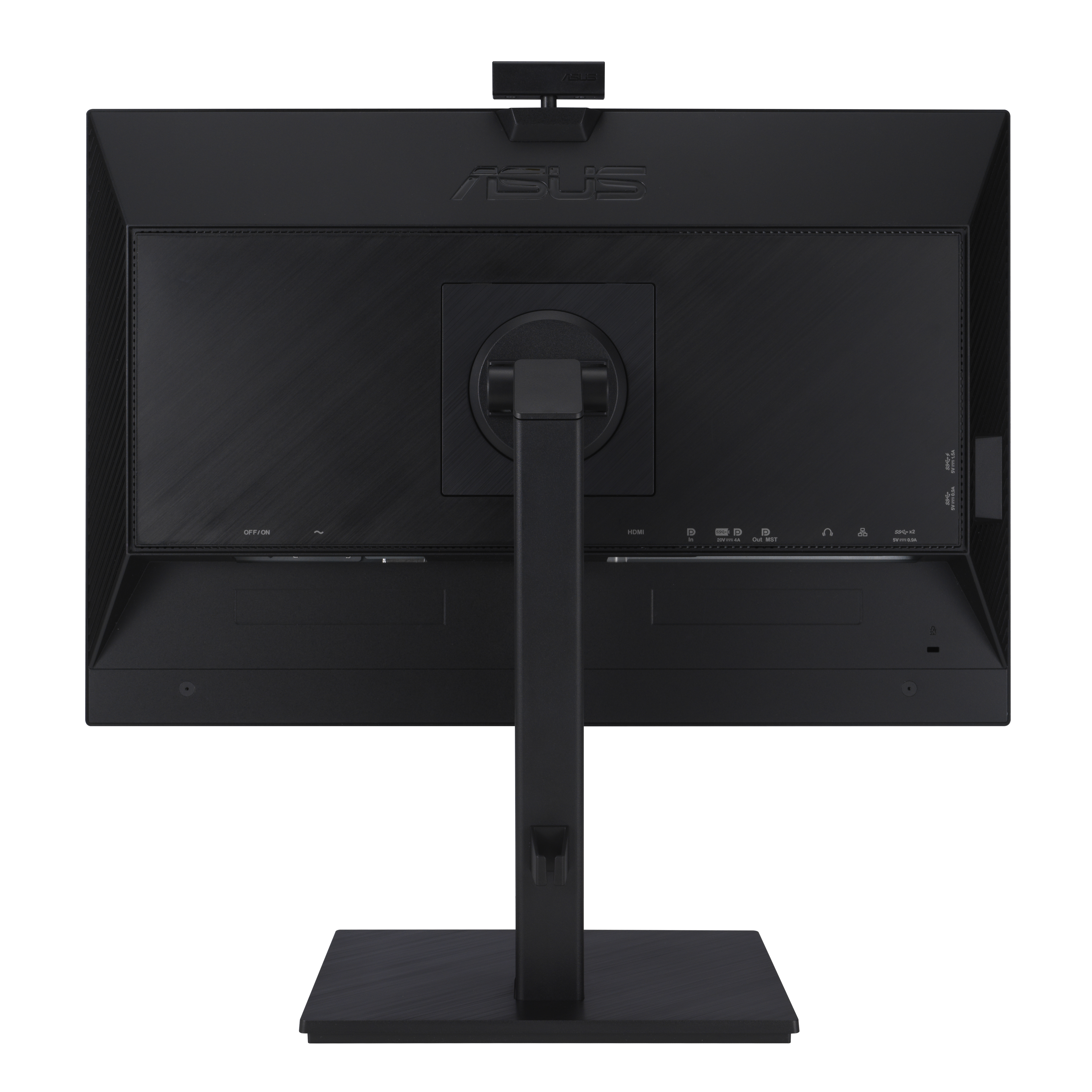 Rückseite eines schwarzen Computermonitors mit ASUS-Logo, verschiedenen Anschlüssen und einem Ständer.