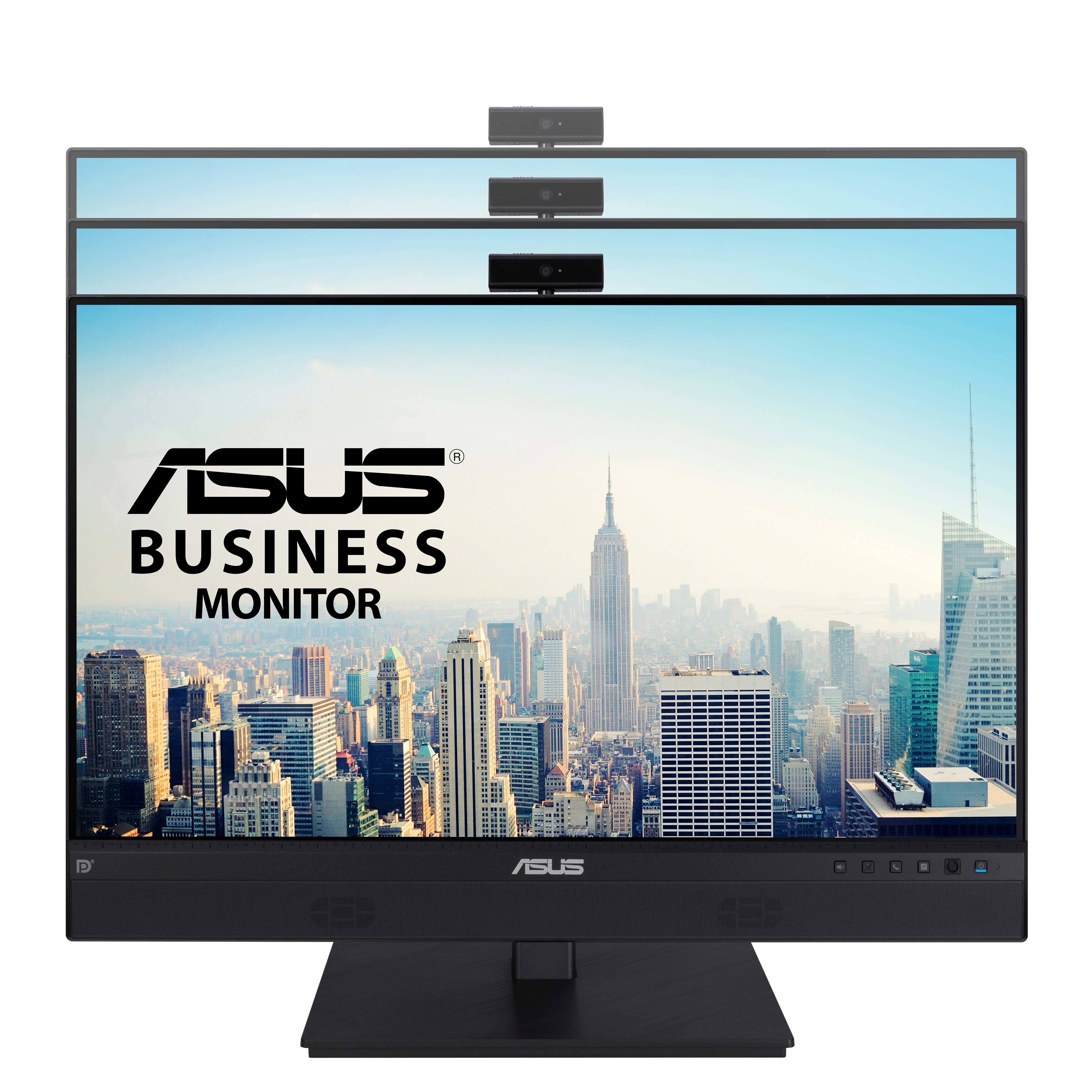 Asus Business Monitor mit Stadtlandschaft-Hintergrund und drei Webcams oben.