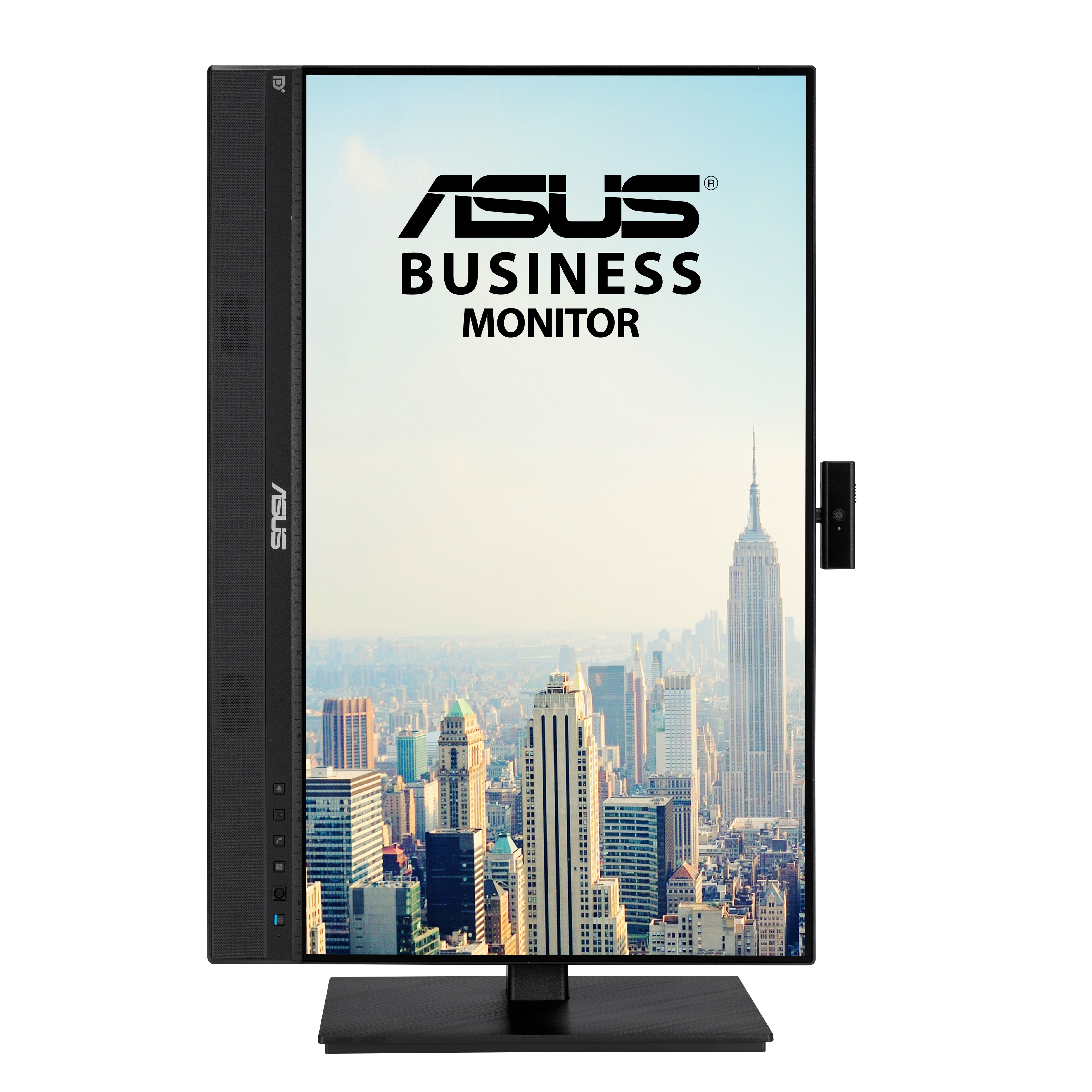 Ein ASUS Business Monitor zeigt eine Stadtansicht, mit einer separaten Webcam.