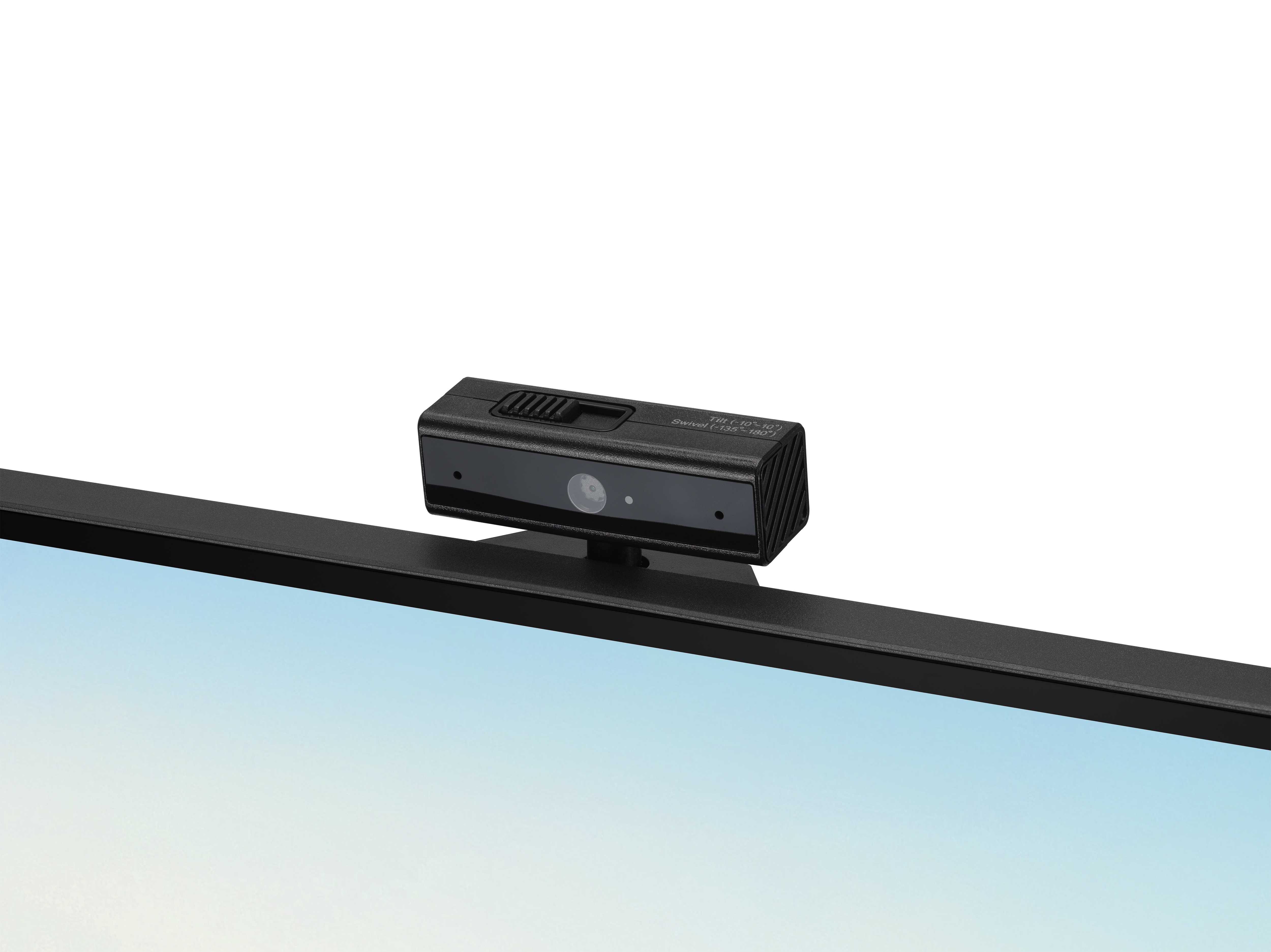 Schwarze Webcam an einem Monitor montiert. Weißer Hintergrund.