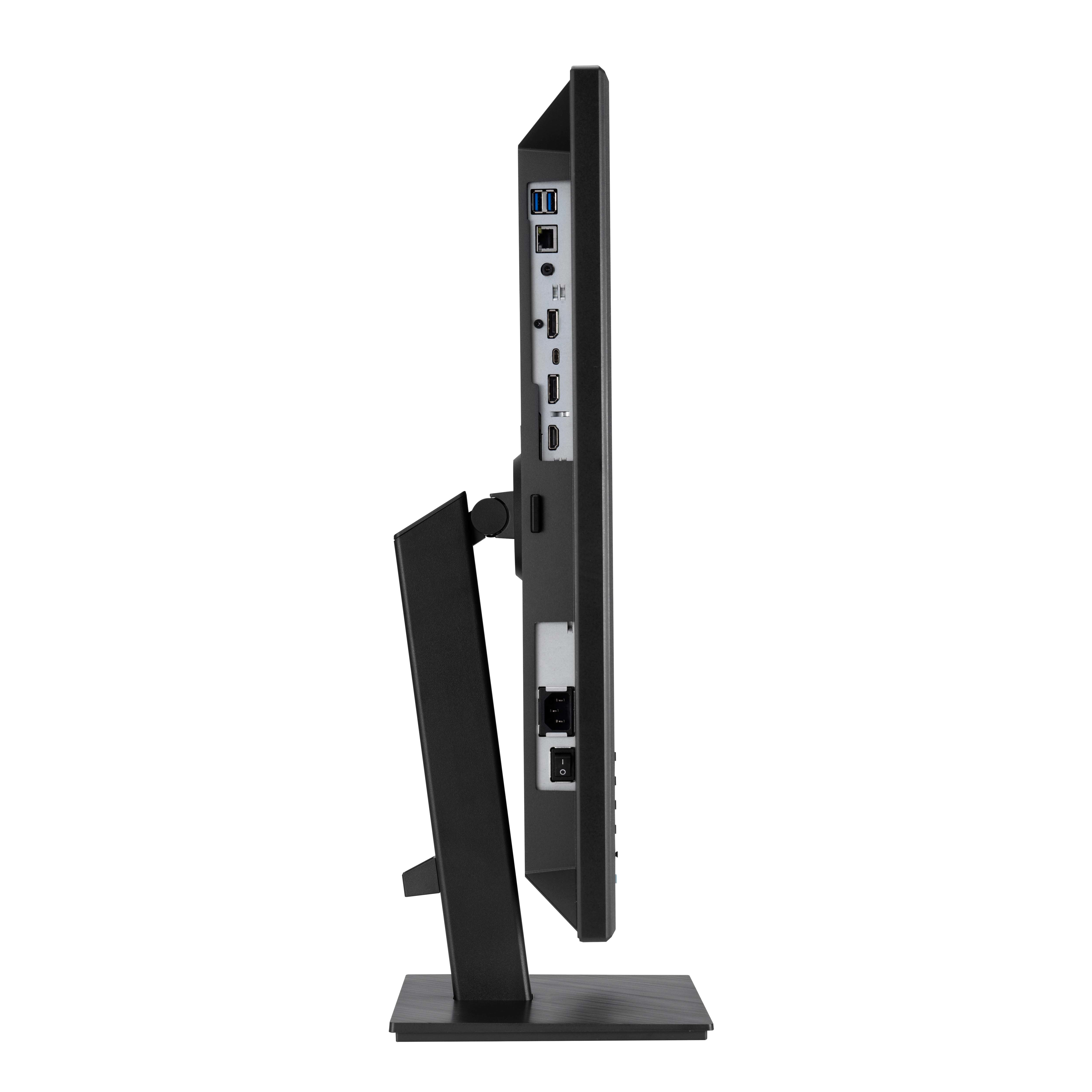 Seitenansicht eines schwarzen Monitors mit Anschlüssen und einem Ständer.