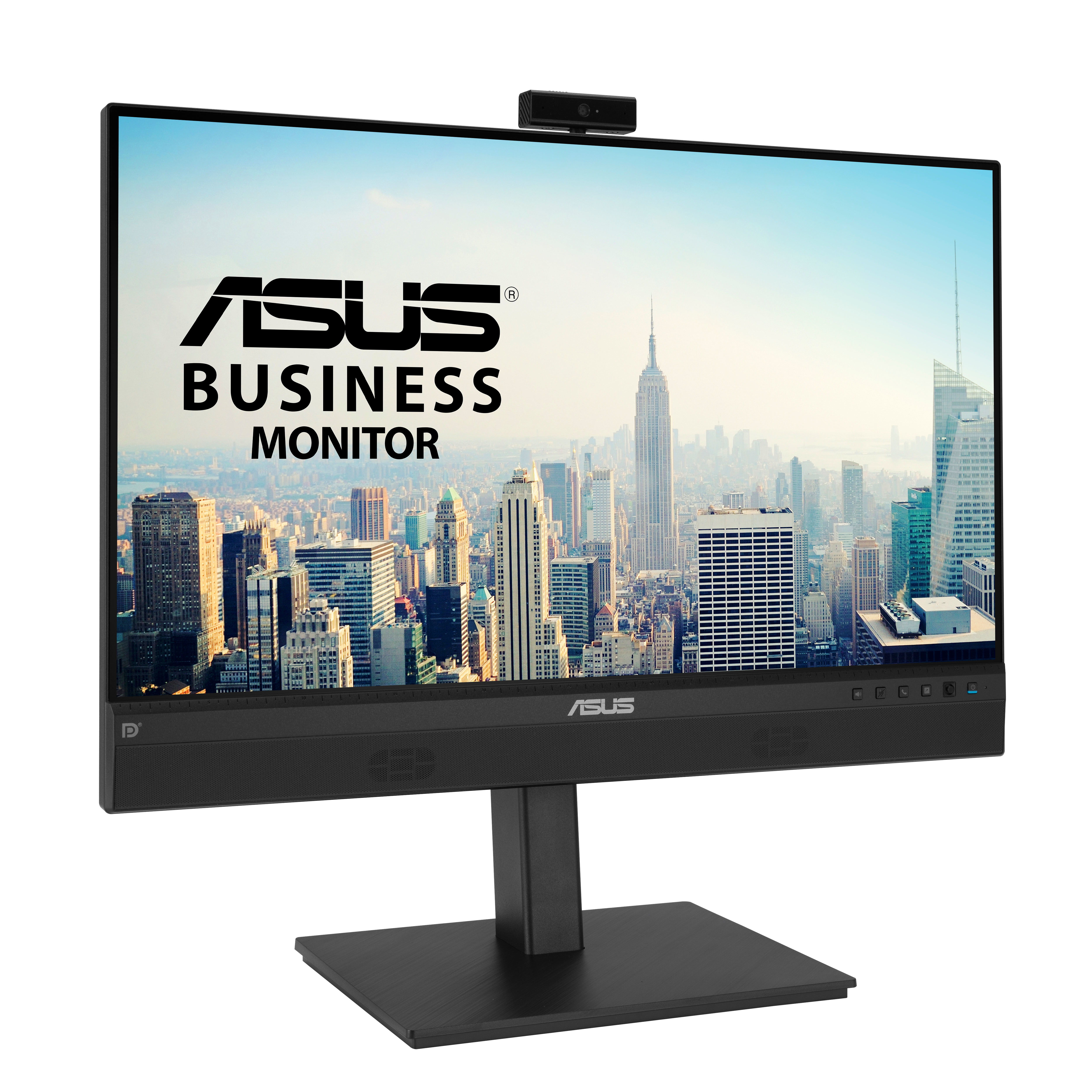 Ein schwarzer Computermonitor mit Webcam und Stadtlandschaft im Hintergrund.
