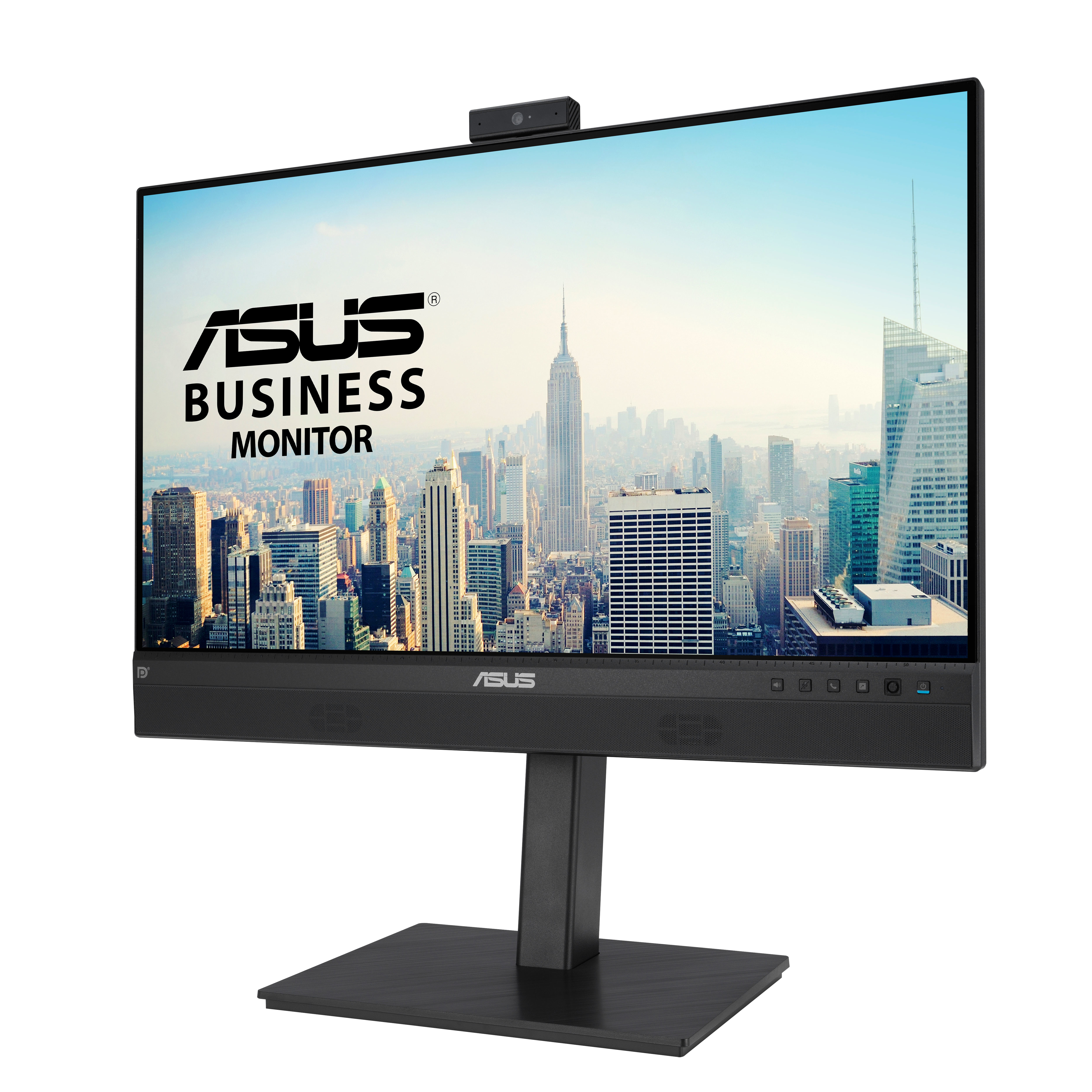 Schwarzer ASUS-Business-Monitor mit Stadt-Hintergrund. Hat eine Webcam oben.