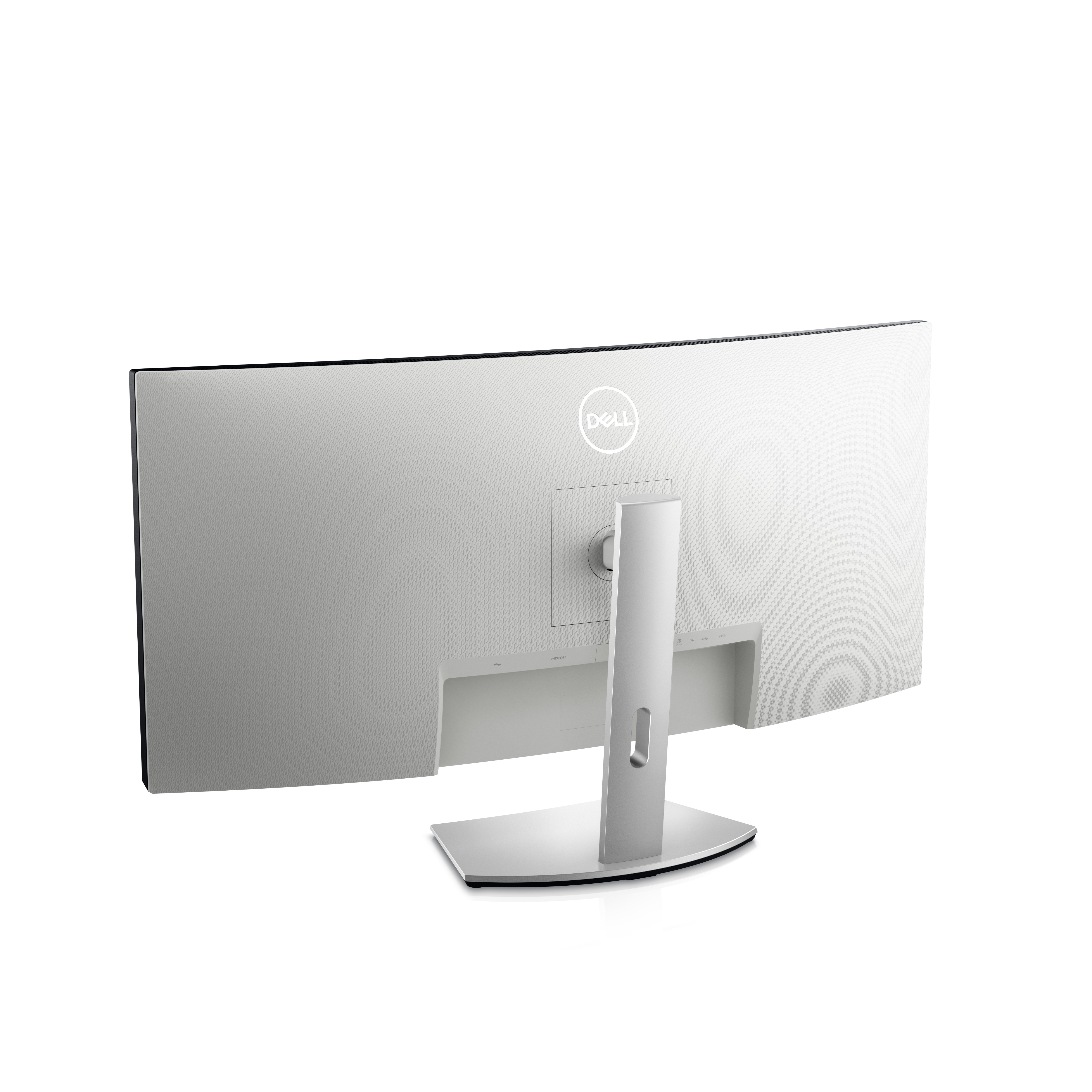 Vista trasera de un monitor Dell curvo, con parte trasera blanca y soporte plateado.