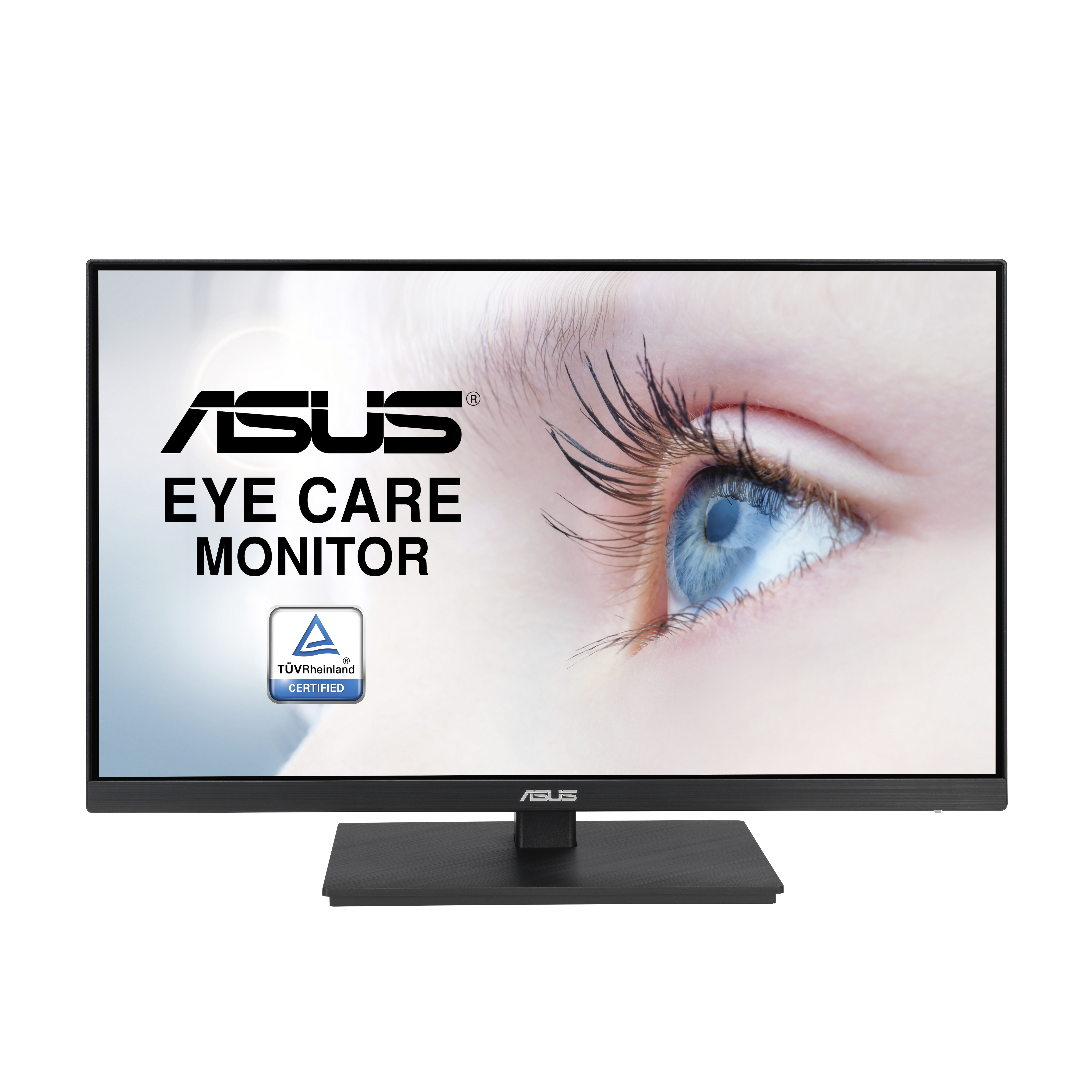 Czarny monitor ASUS Eye Care z zbliżeniem niebieskiego oka na ekranie.