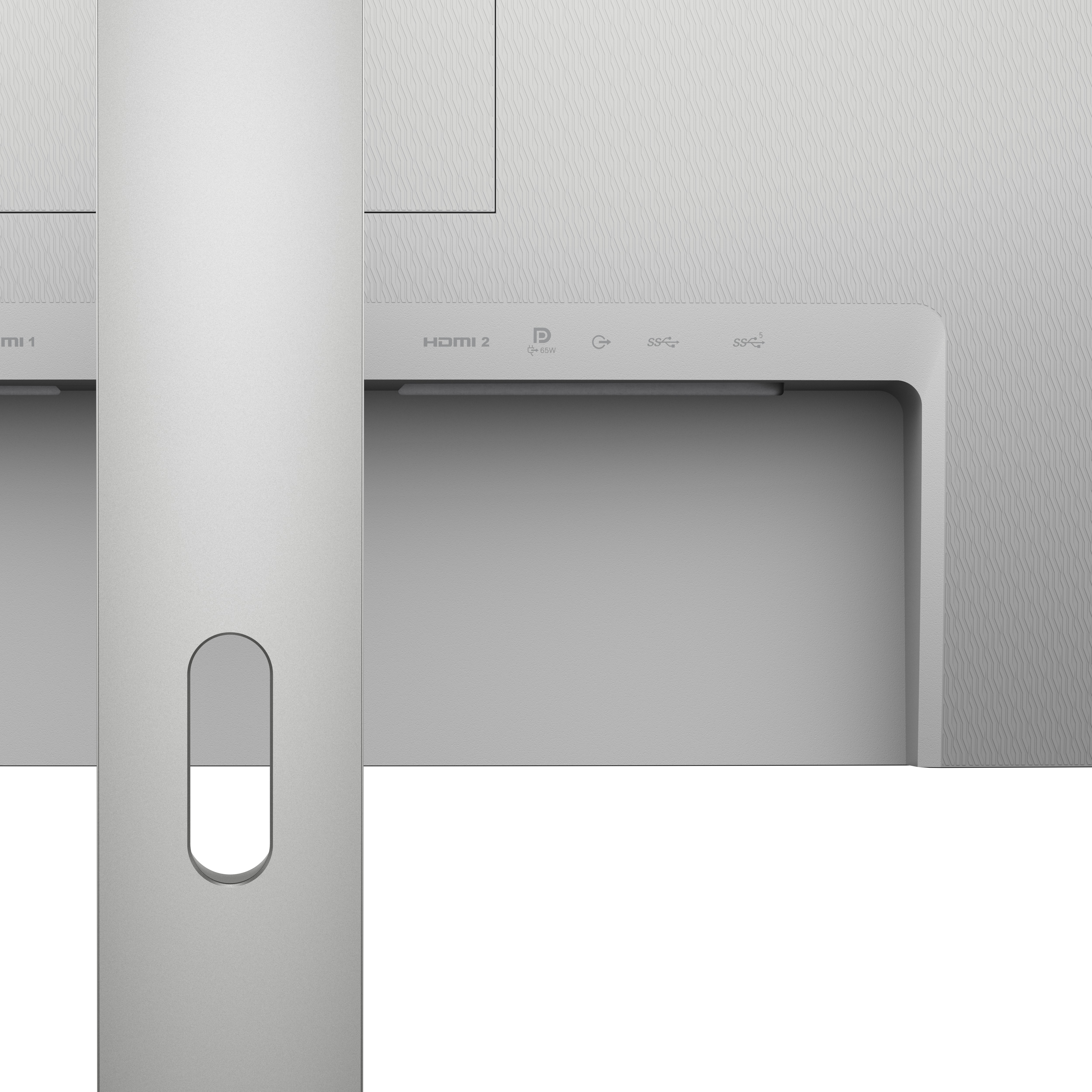 Primer plano de un monitor. Marco plateado. Puertos: HDMI 2, D, SS. Fondo blanco con textura.