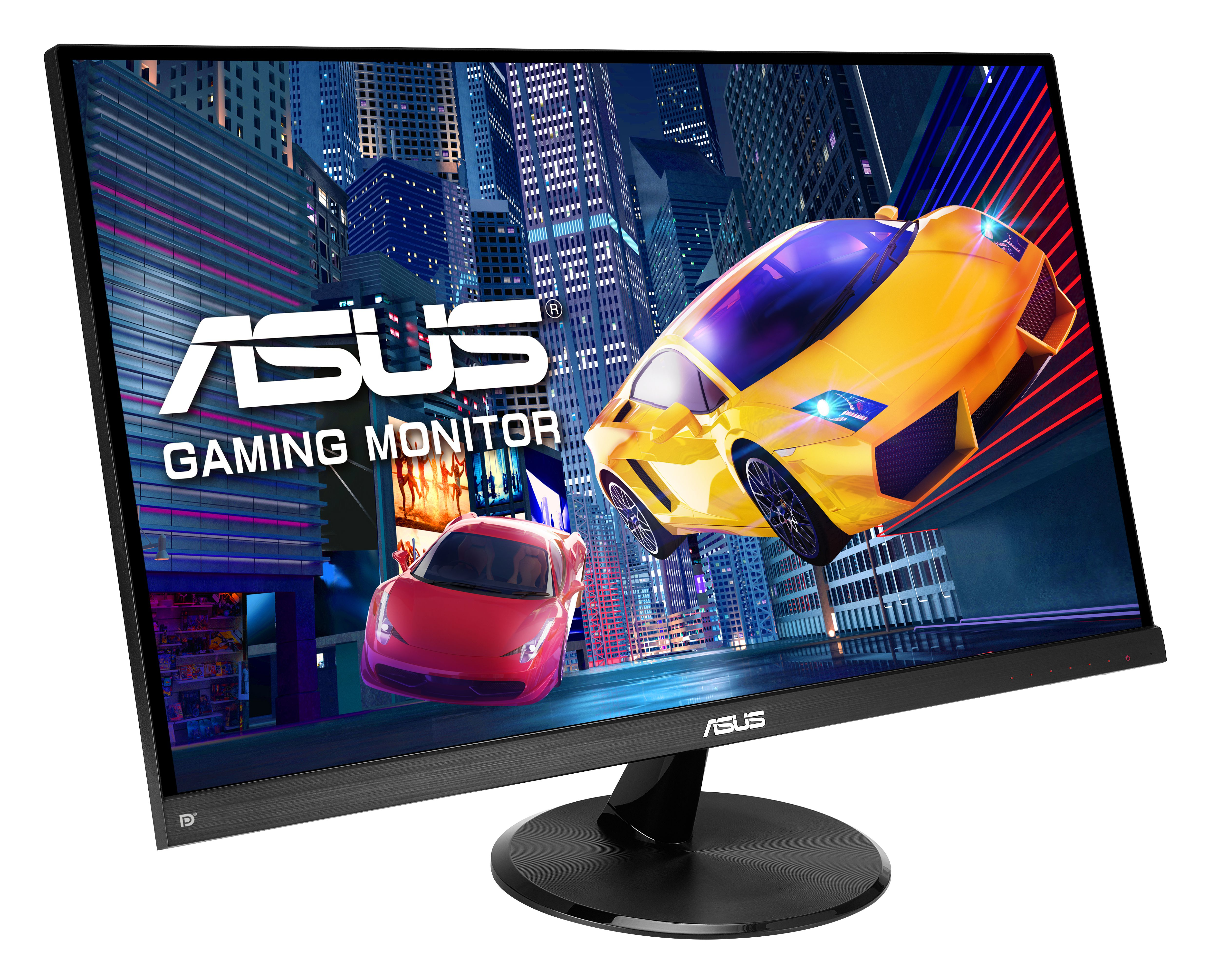 Un monitor da gioco ASUS, che mostra una città con auto gialle e rosse che volano.