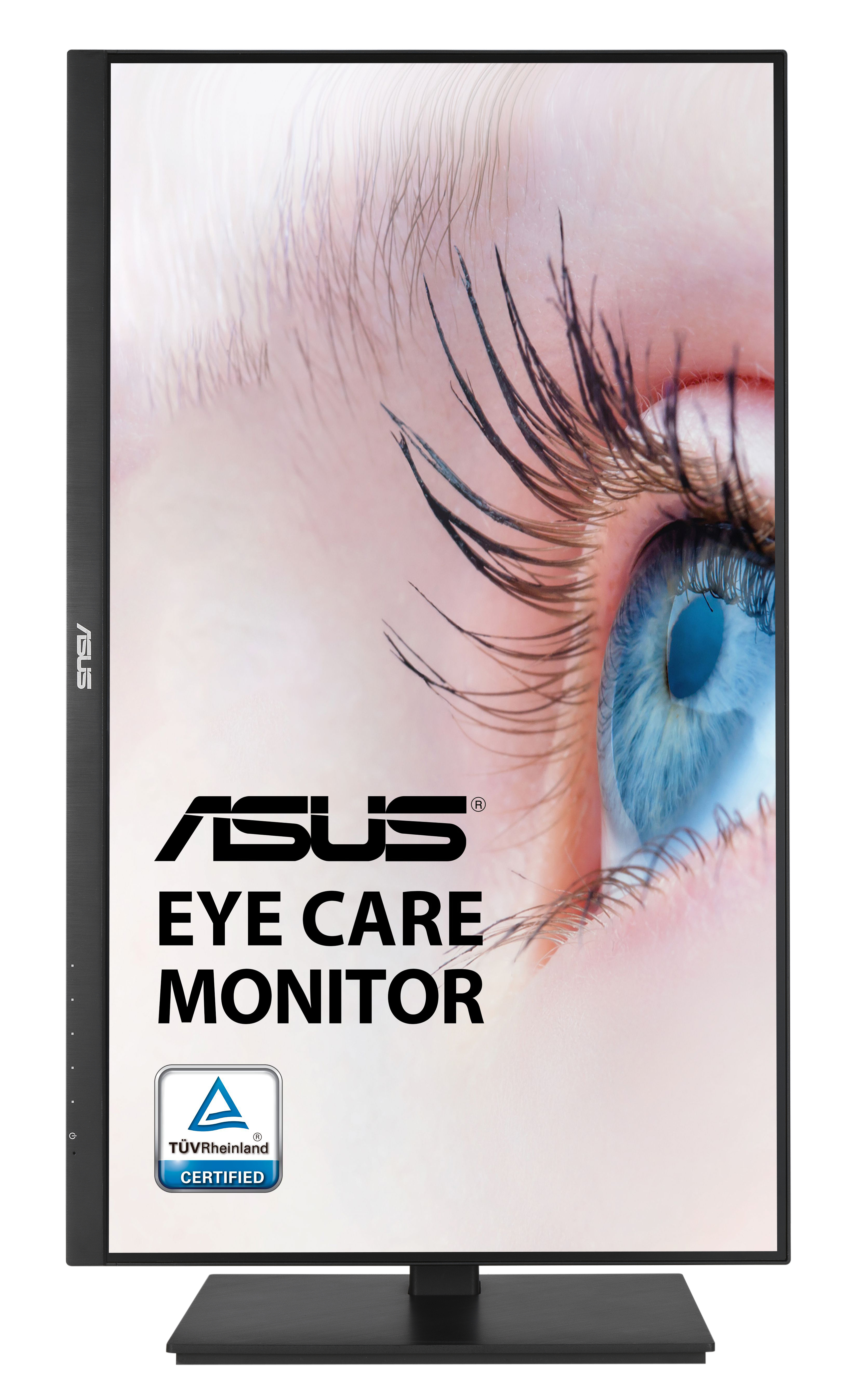 Czarny monitor wyświetlający oko. Wyświetlany jest tekst ASUS EYE CARE MONITOR. Monitor jest na stojaku.