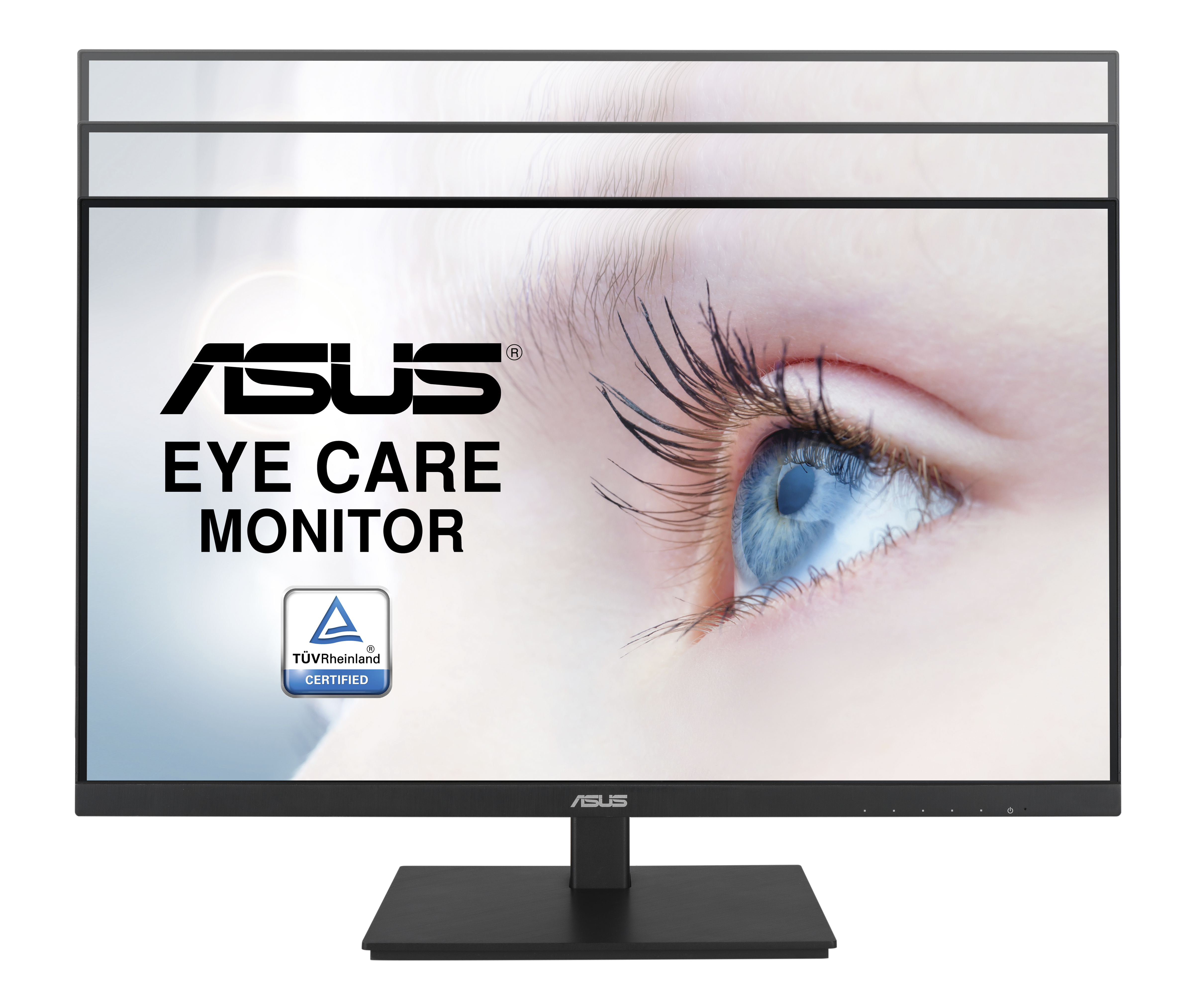 Monitor ASUS Eye Care wyświetla zbliżenie niebieskiego oka. Monitor ma czarną ramkę i podstawę.