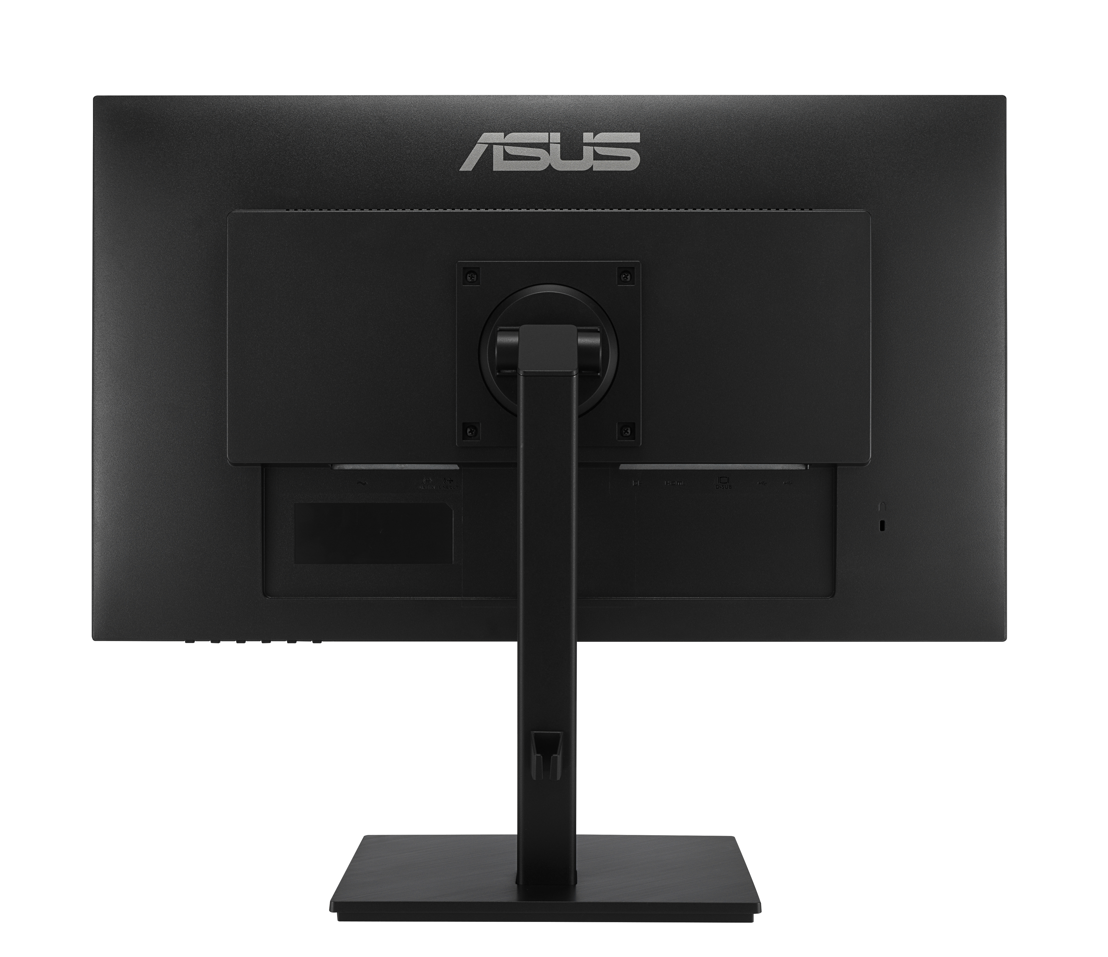 Tył czarnego monitora ASUS. Pokazuje stojak, porty i logo ASUS na białym tle.