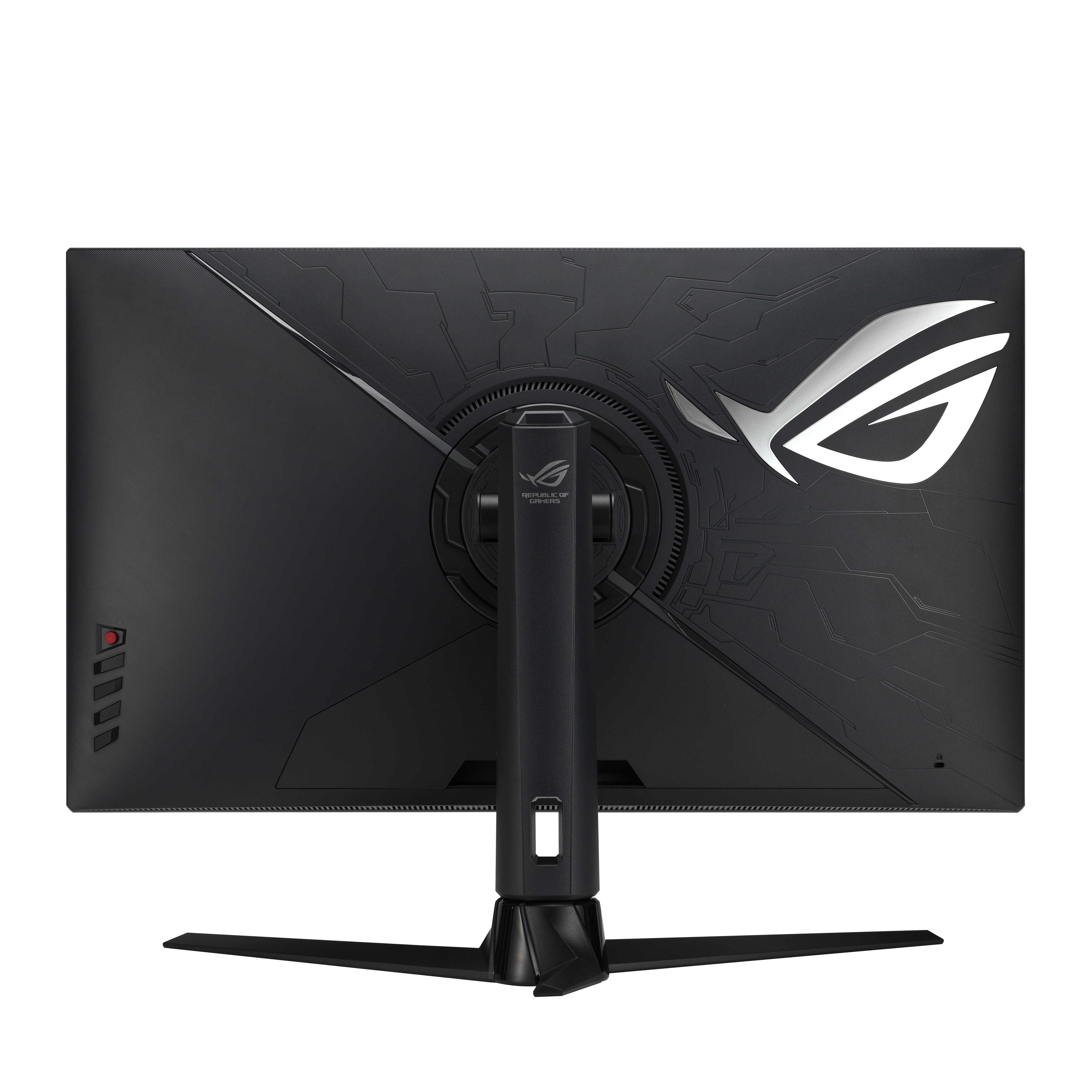 Tył czarnego monitora ROG z logo i portami, na czarnej podstawce.