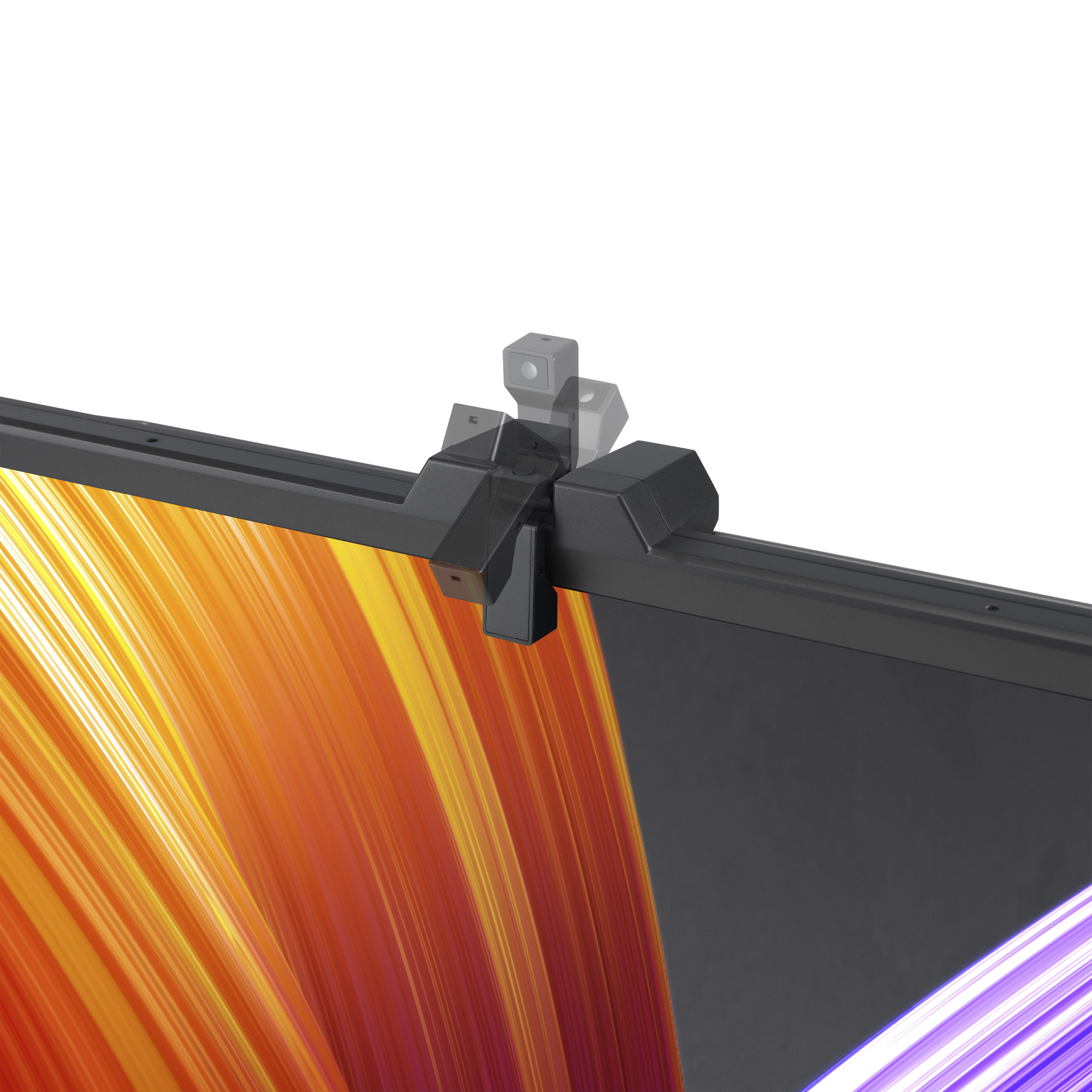 Zbliżenie monitora z podłączoną kamerą internetową. Ekran wyświetla kolory pomarańczowy i fioletowy.