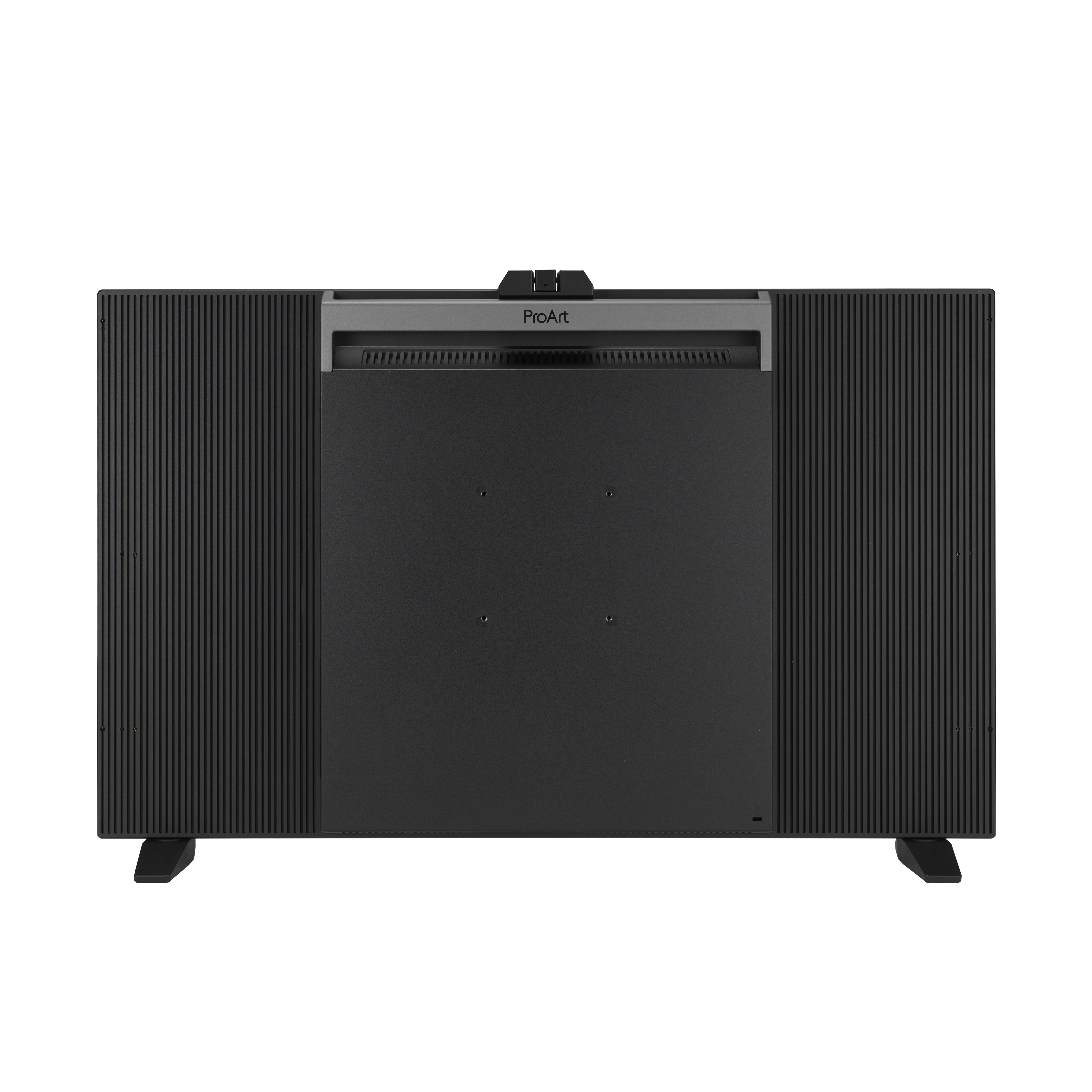 Tył czarnego monitora. Ma czarną powierzchnię, z rowkami i logo ProArt na górze.