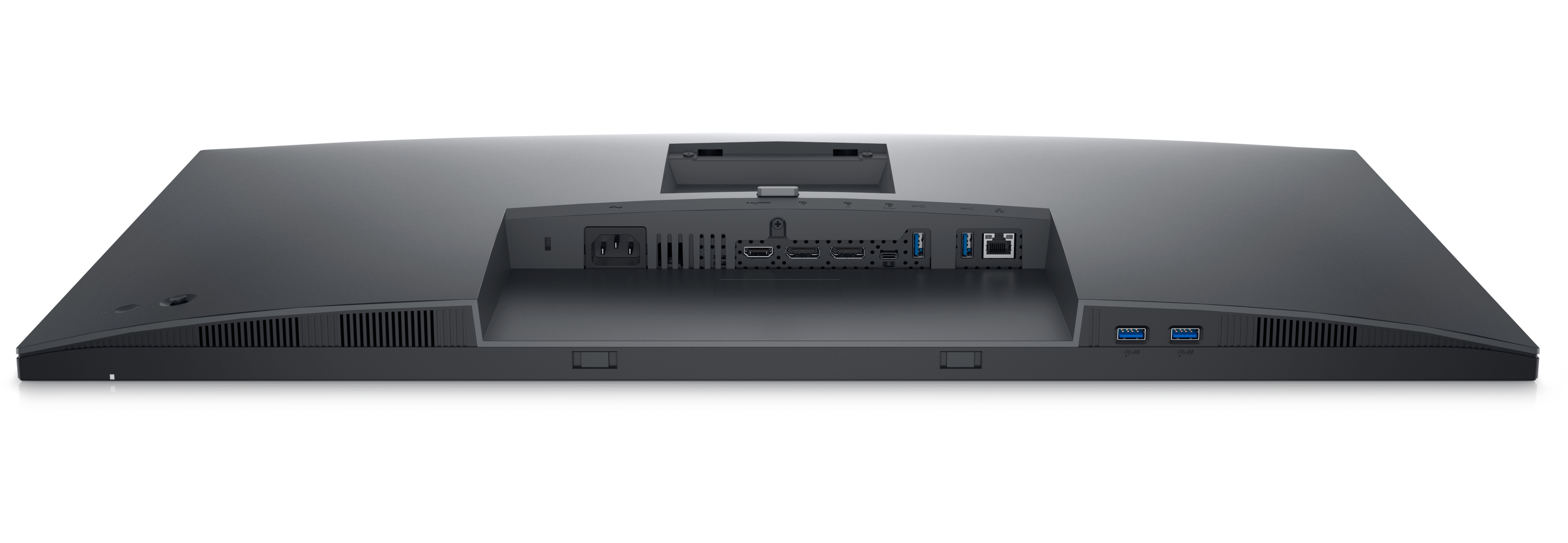 L'arrière d'un moniteur d'ordinateur noir avec divers ports et un connecteur d'alimentation.