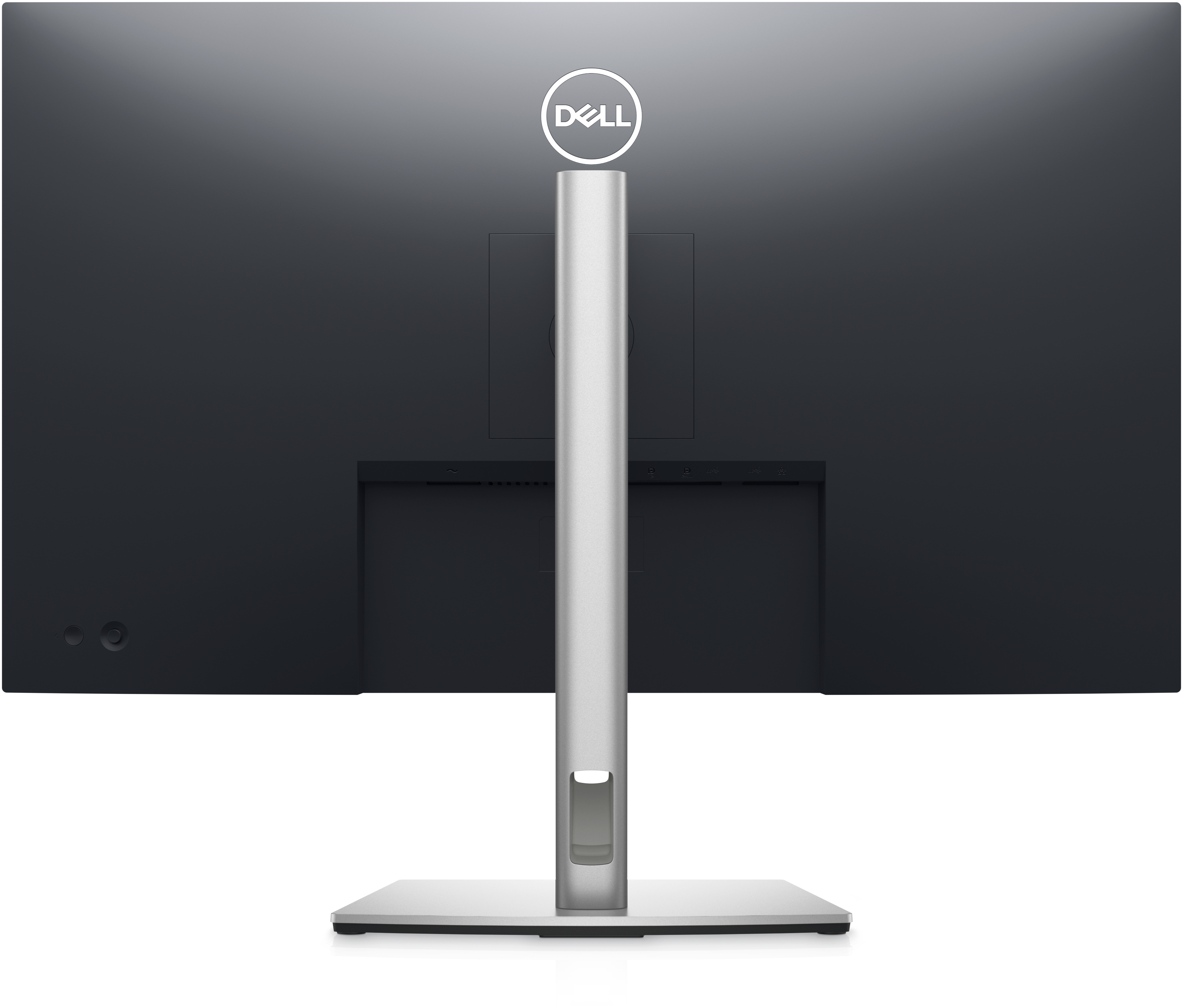 Widok z tyłu czarnego monitora ze srebrną podstawą, logo Dell na górze.