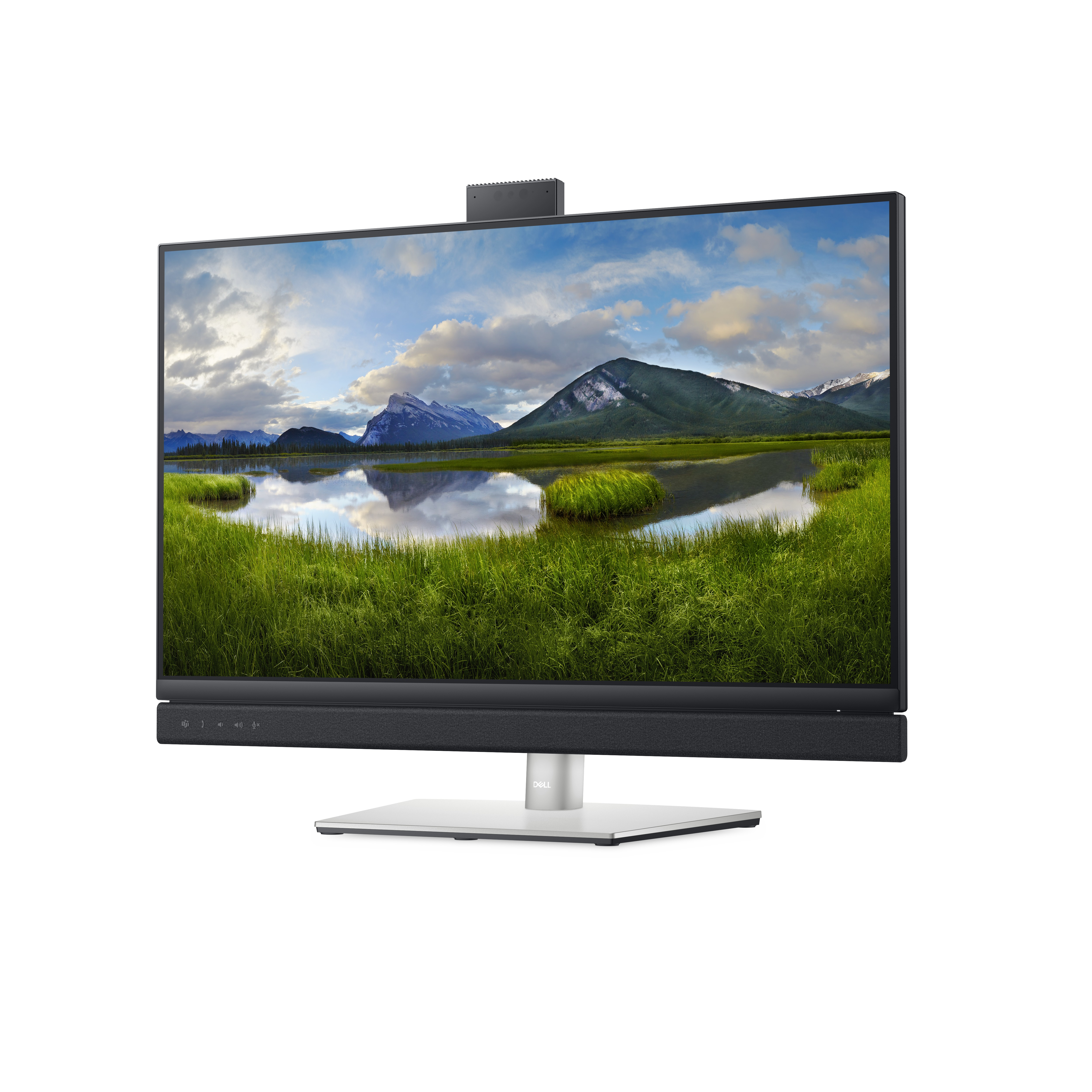 Un monitor con una scena paesaggistica e una soundbar sotto.