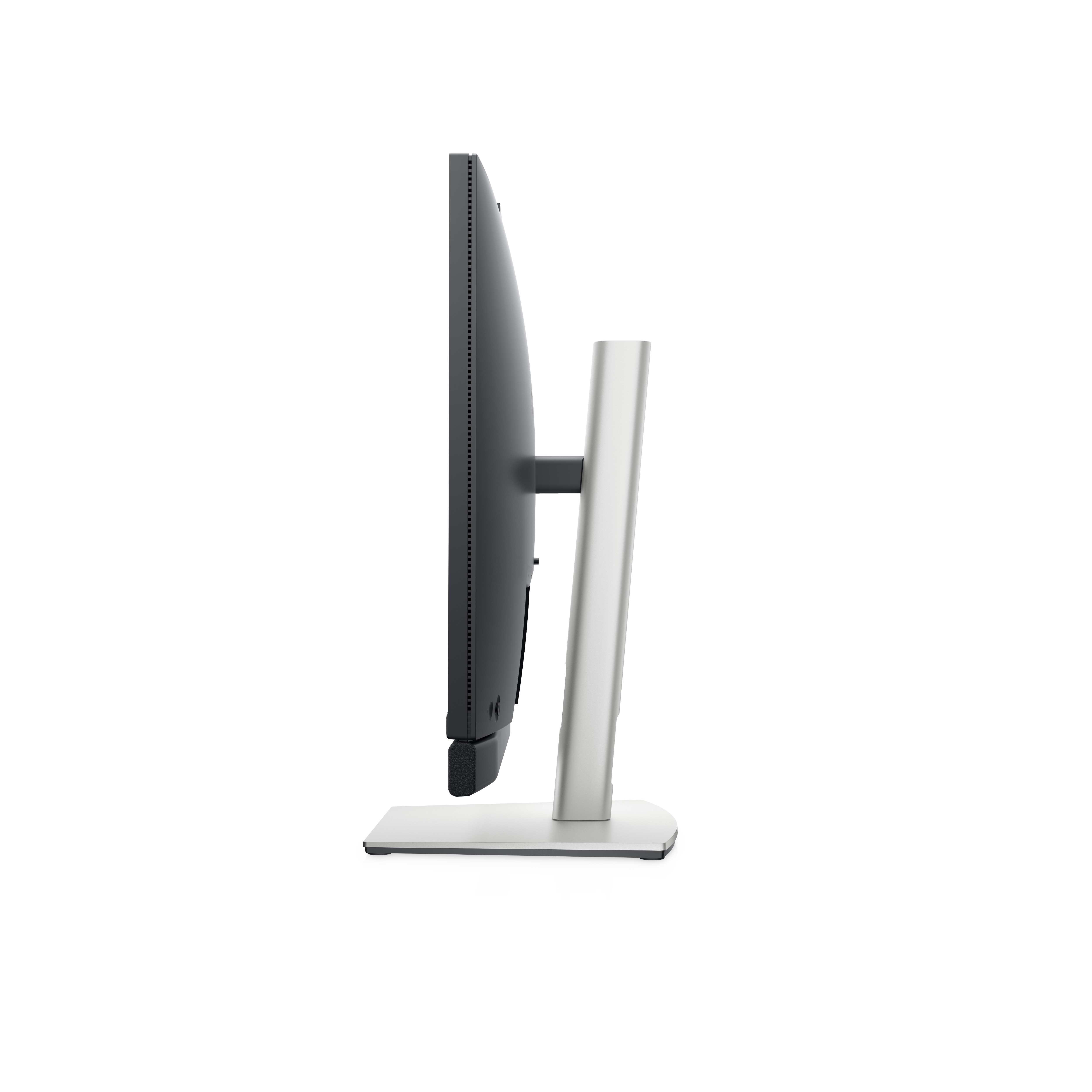 Un monitor di computer con supporto argentato, vista laterale. Lo schermo è nero.
