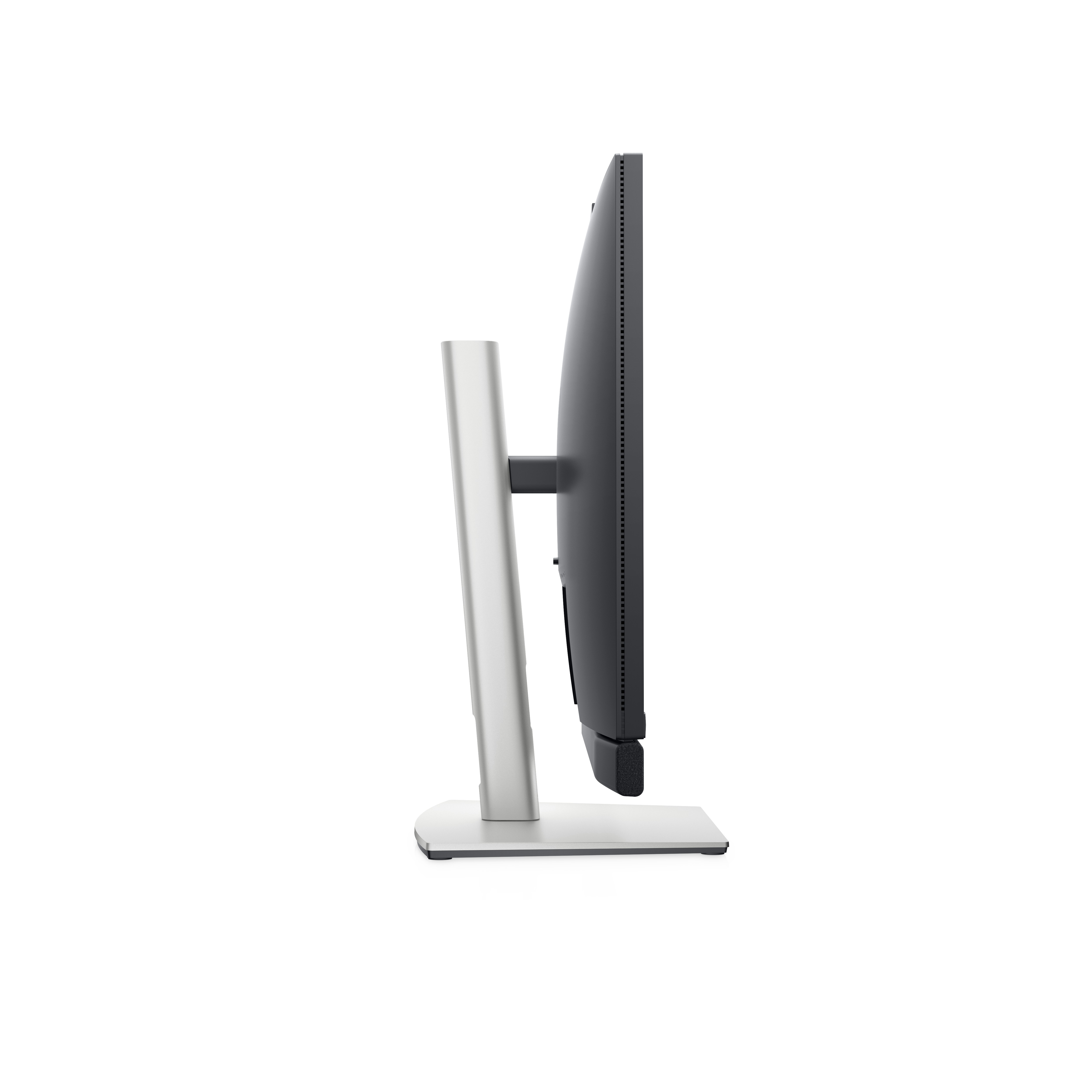 Vista laterale di un monitor con supporto argentato e schermo nero.