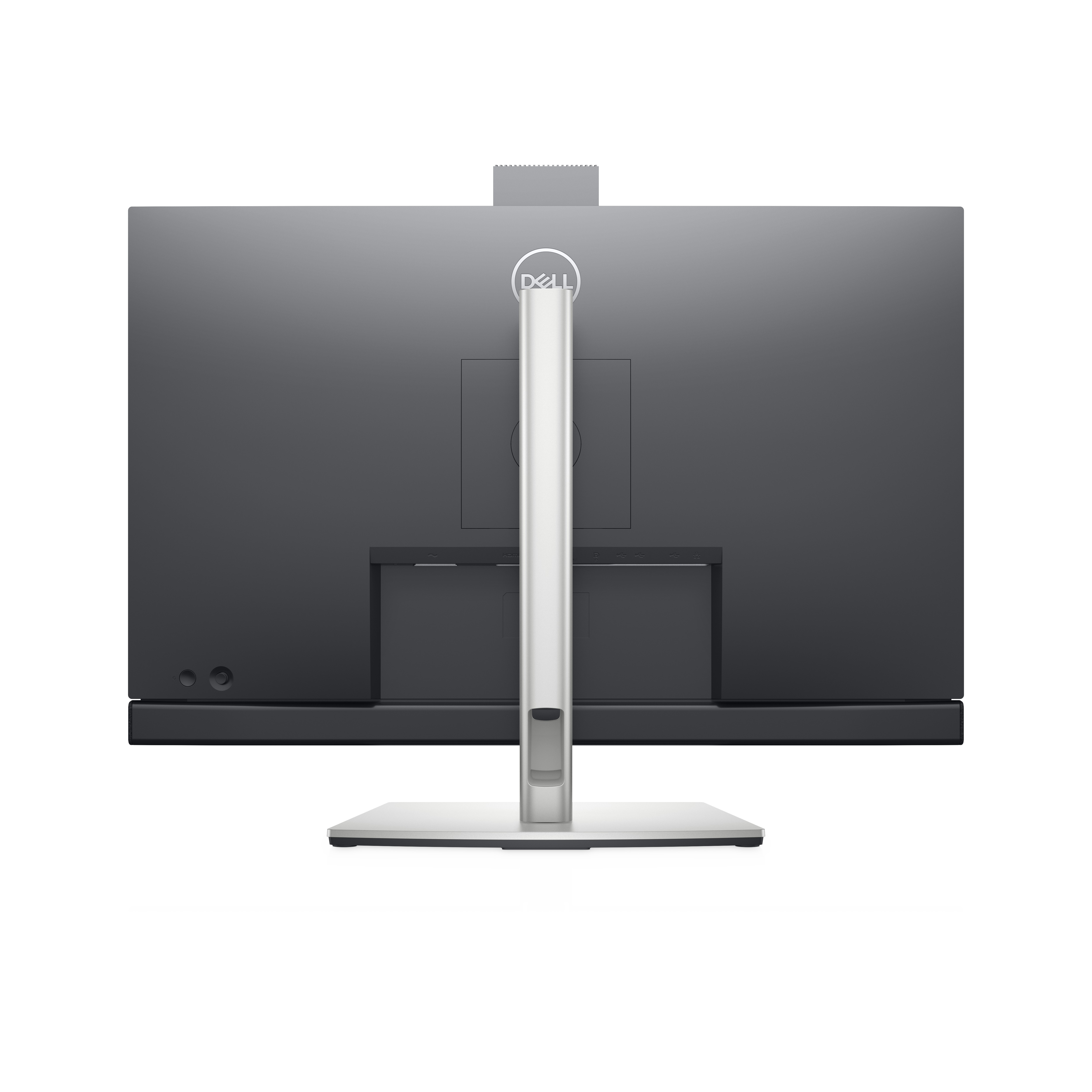 Retro di un monitor Dell con supporto bianco e logo Dell centrato in alto.