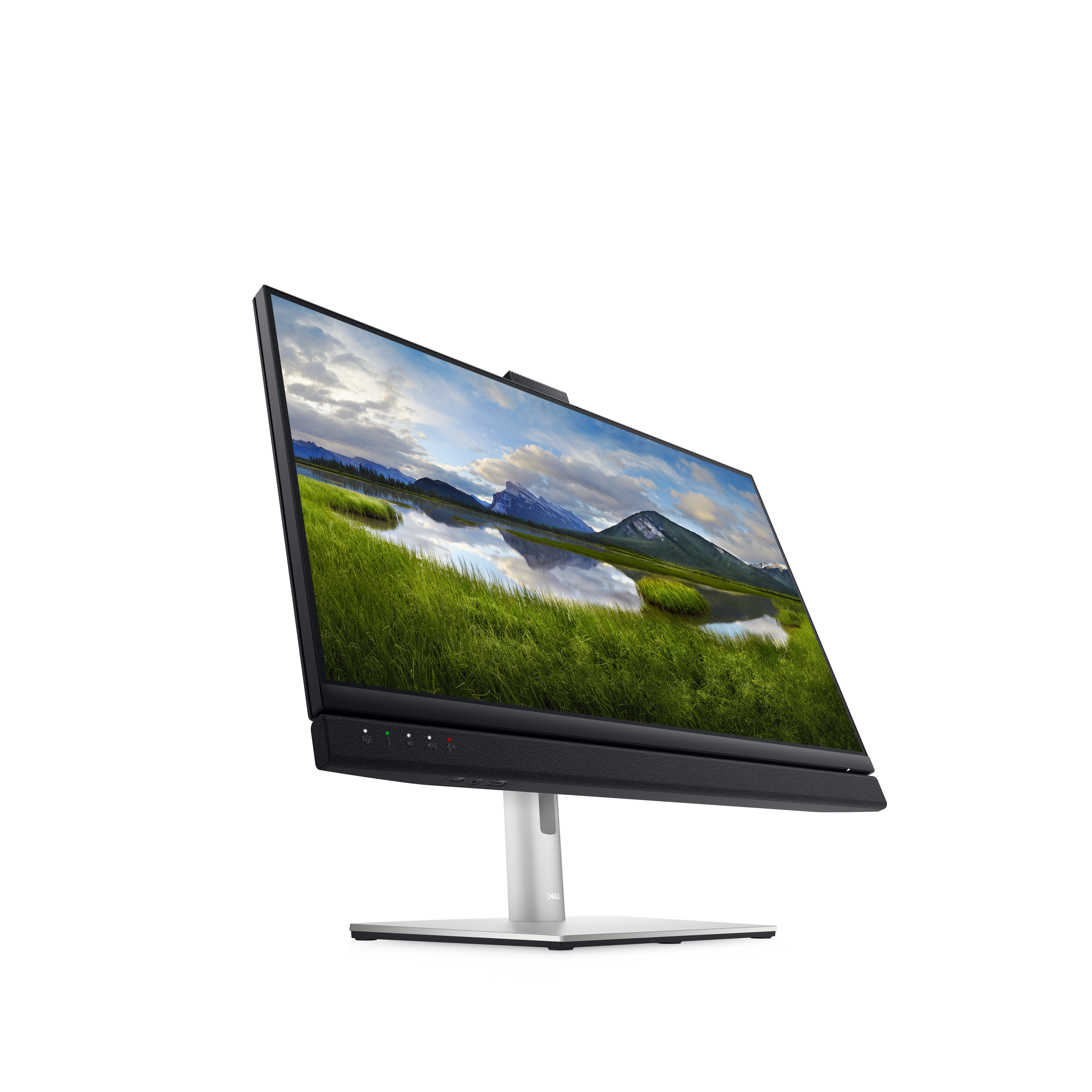 Monitor per computer con un riflesso di un paesaggio con un fiume e montagne, sfondo bianco.