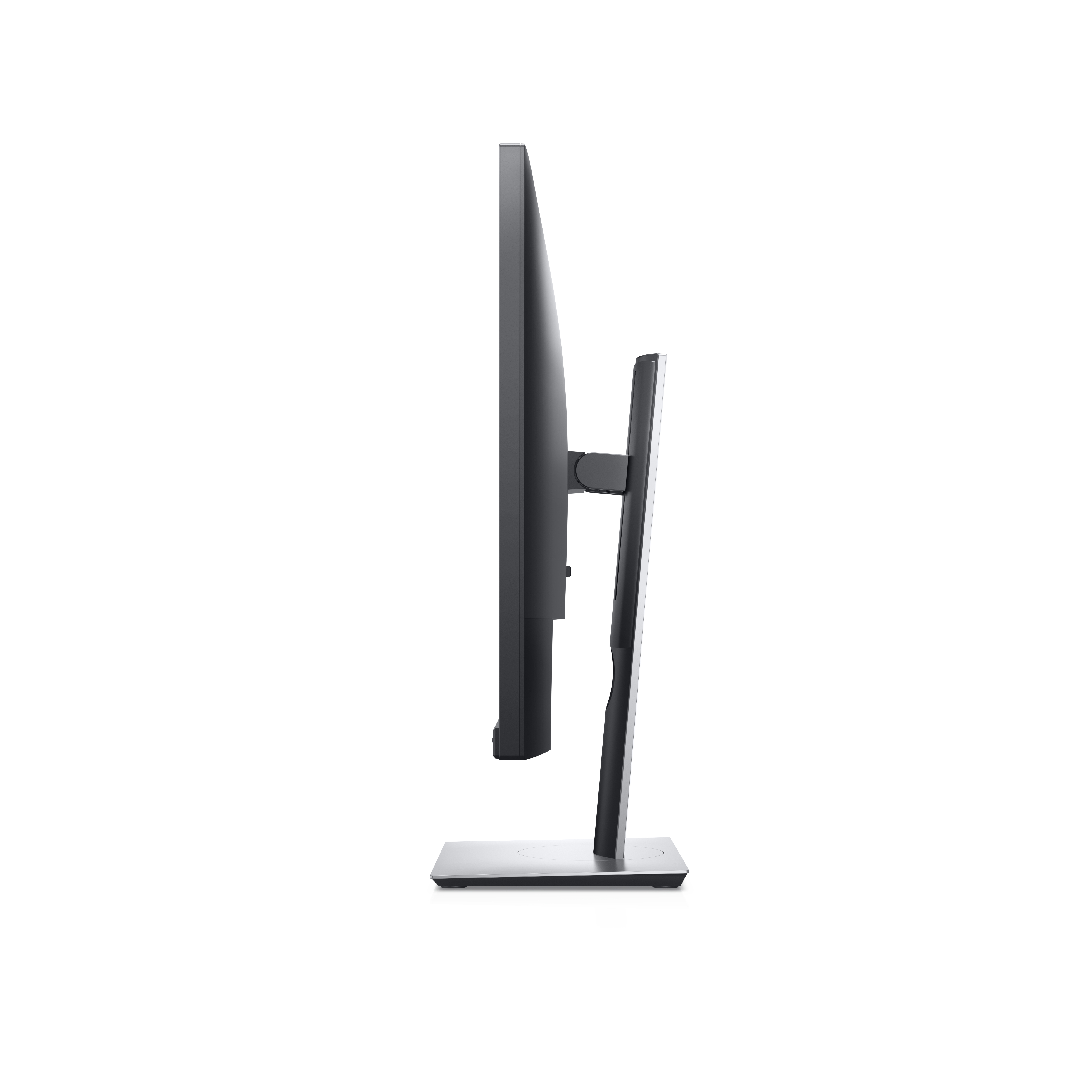 Widok z boku czarnego monitora komputera na srebrnej podstawie na białym tle.