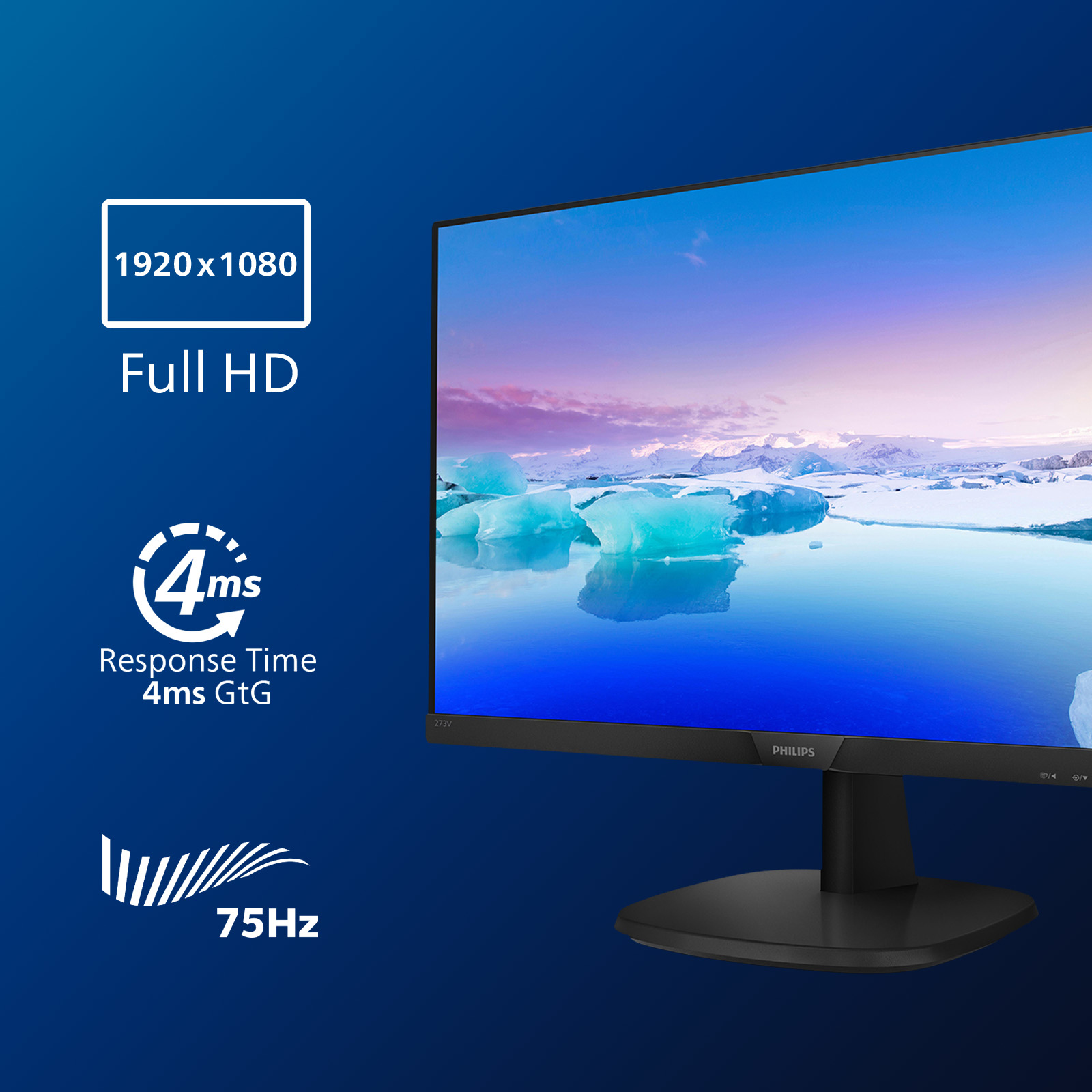 Monitor komputerowy z niebieskimi i białymi obrazami oraz tekstem, który mówi 'Full HD' i '75Hz'.