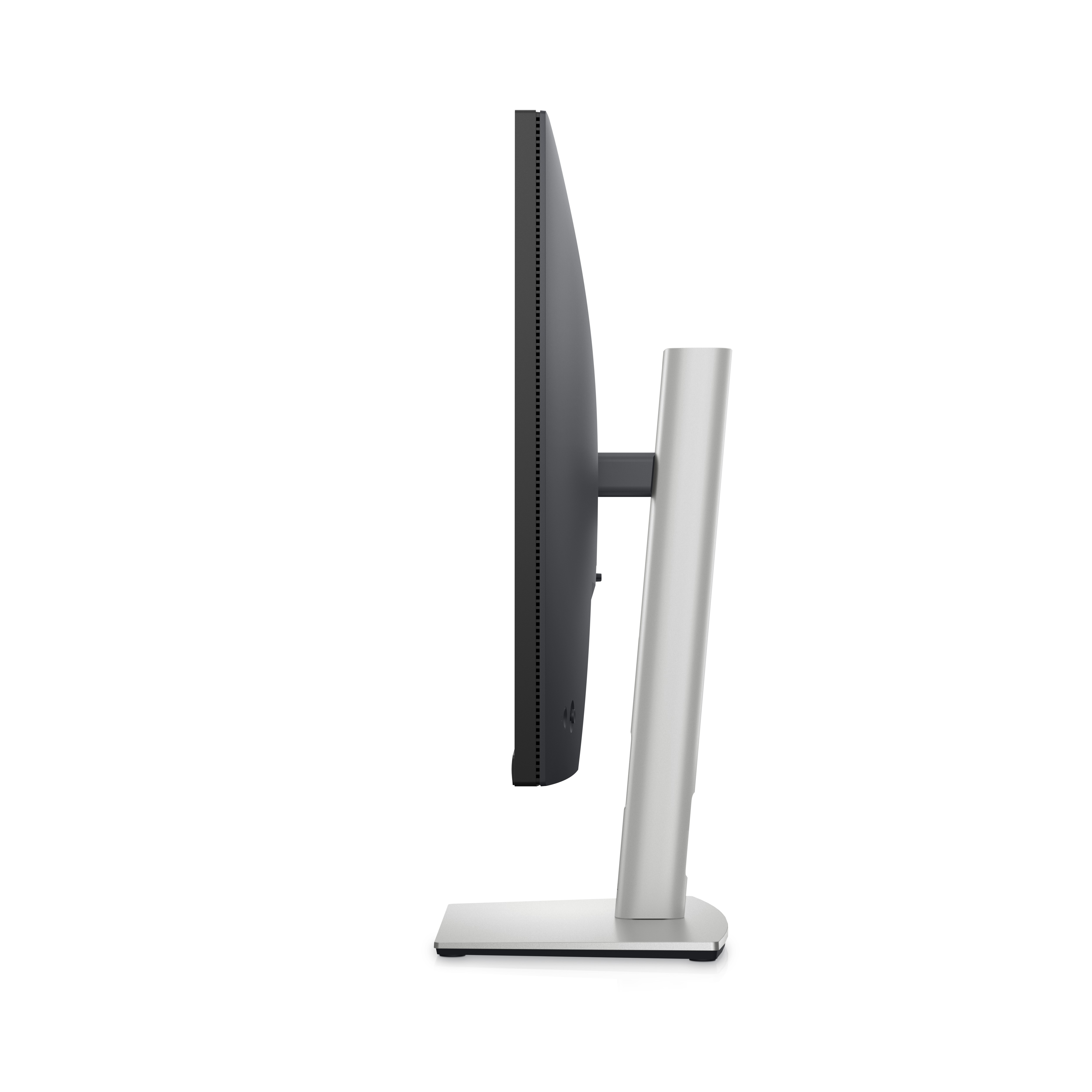 Widok z boku monitora komputera z cienką czarną ramką. Stojak jest srebrny, a ekran wyłączony.