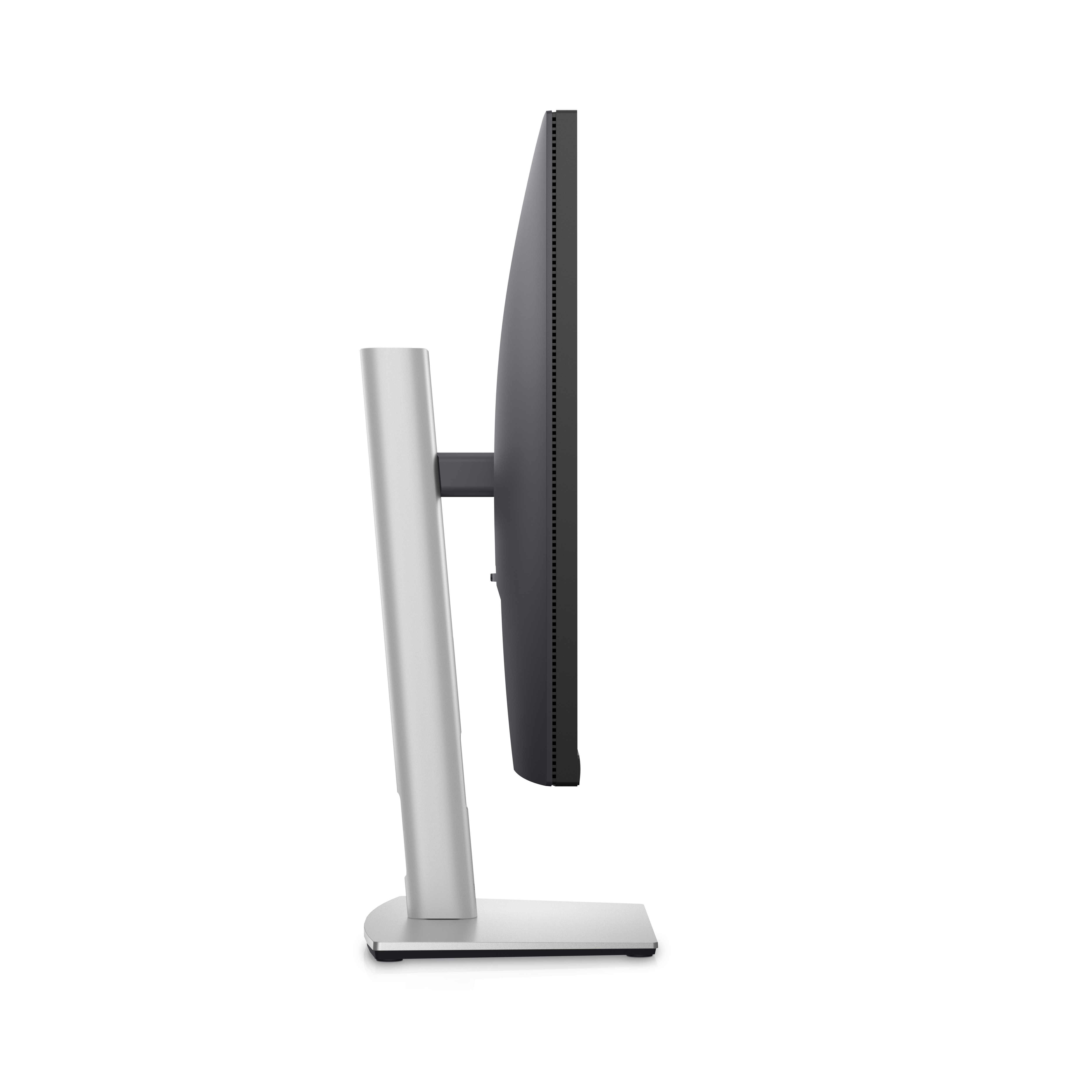 Monitor komputera, widok z boku, na białej podstawie, z czarnym ekranem.