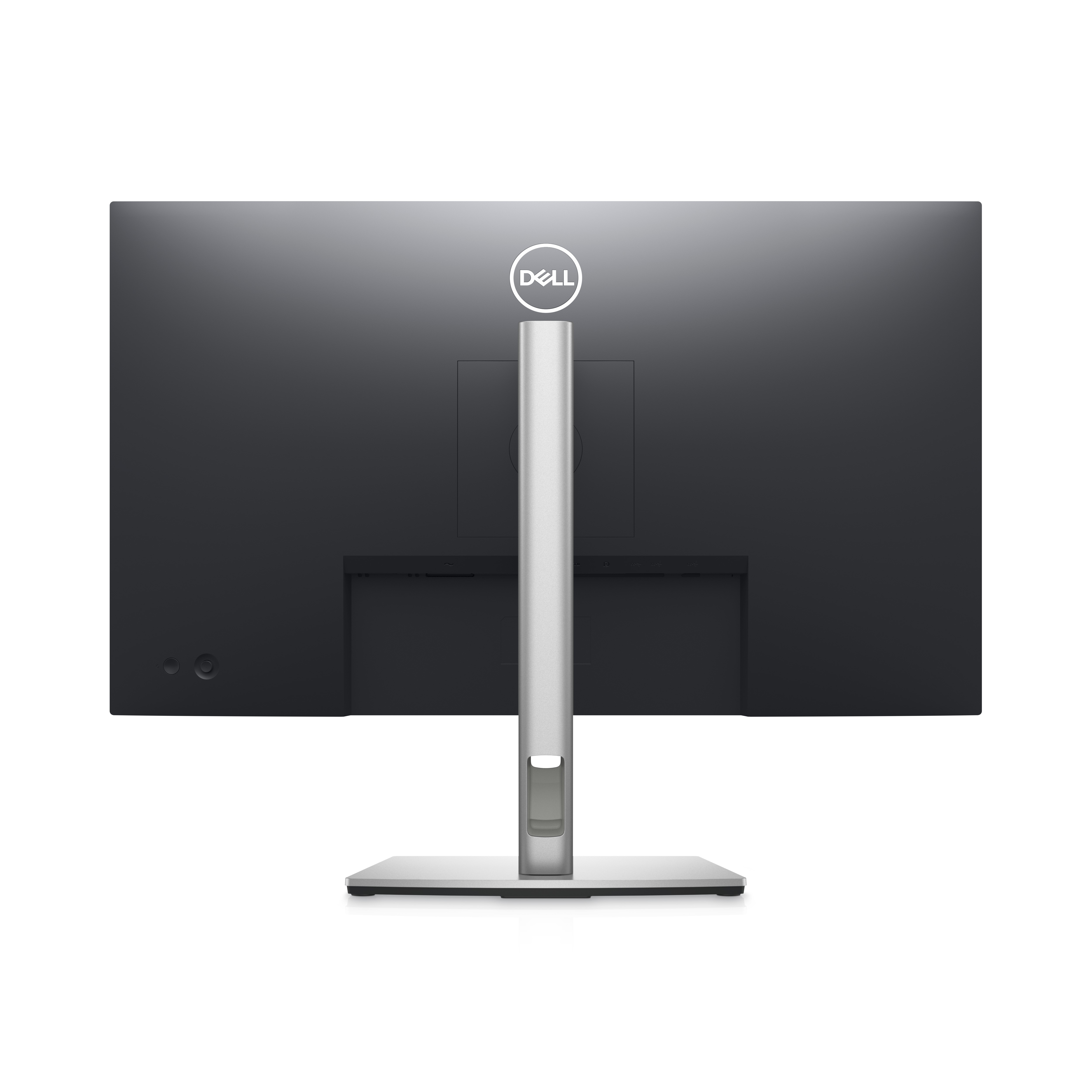 Widok z tyłu czarnego i srebrnego monitora Dell ze stojakiem.