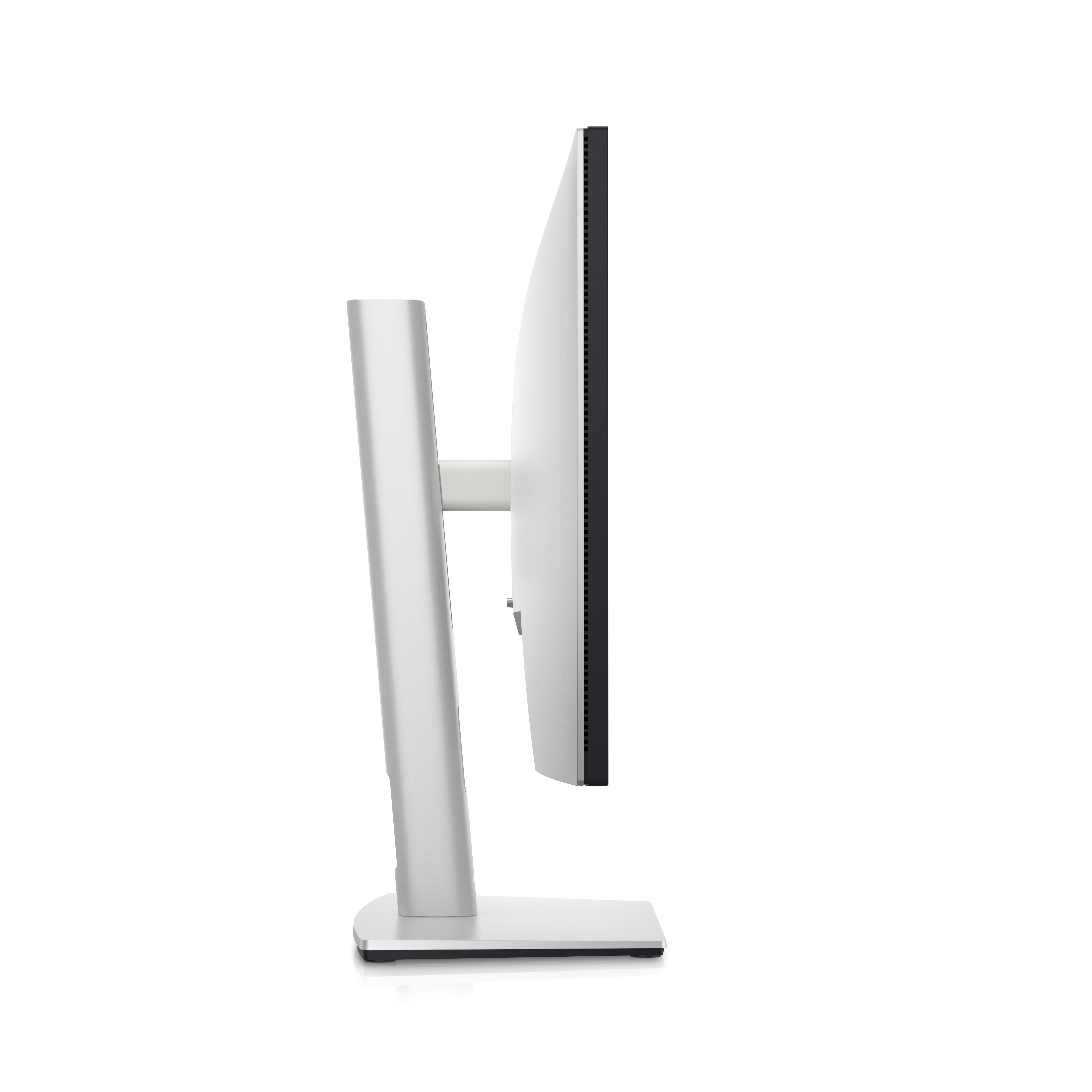 Srebrny monitor Dell z profilu, na białym tle.