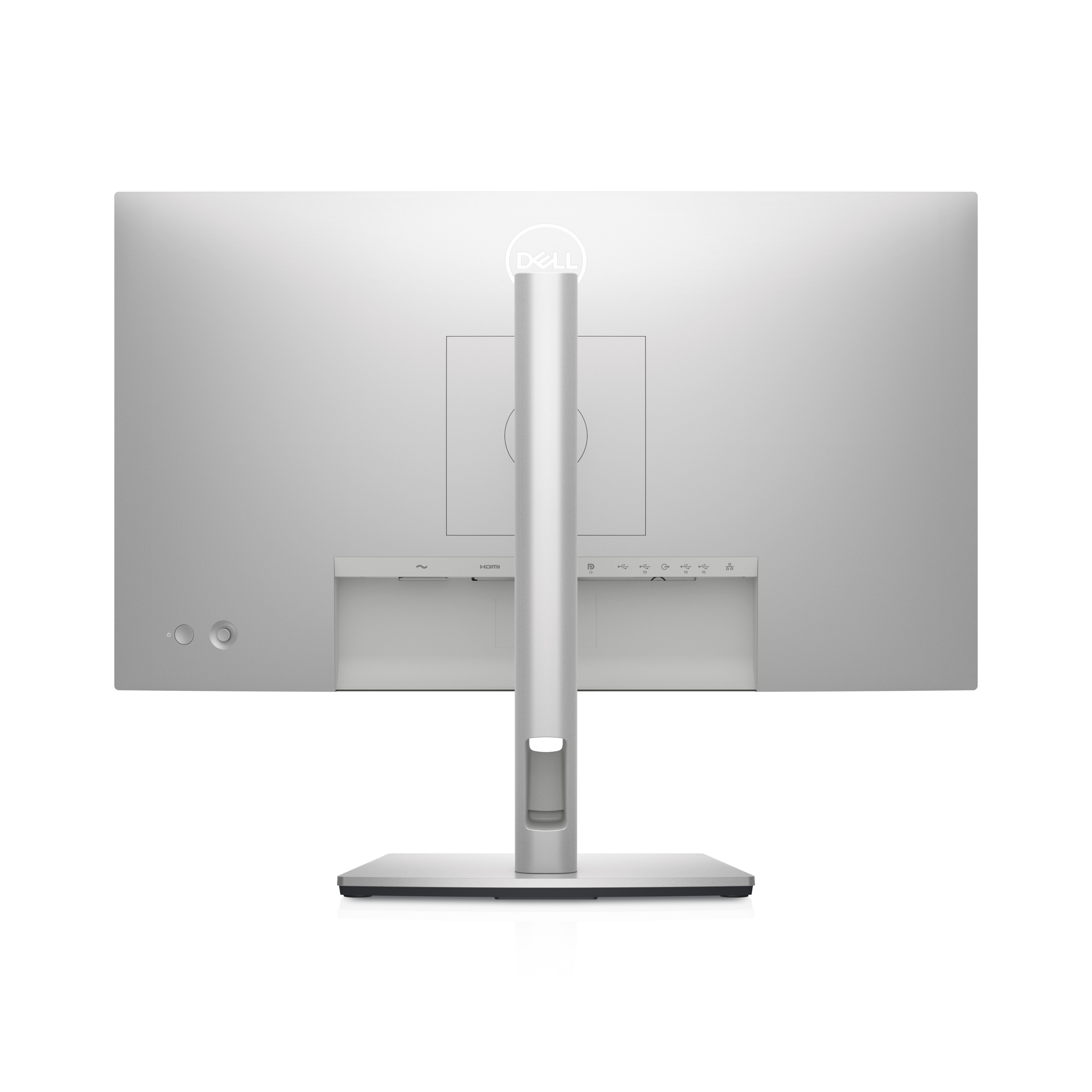 Tył srebrnego monitora komputerowego z logo Dell i widocznymi portami na białym tle.