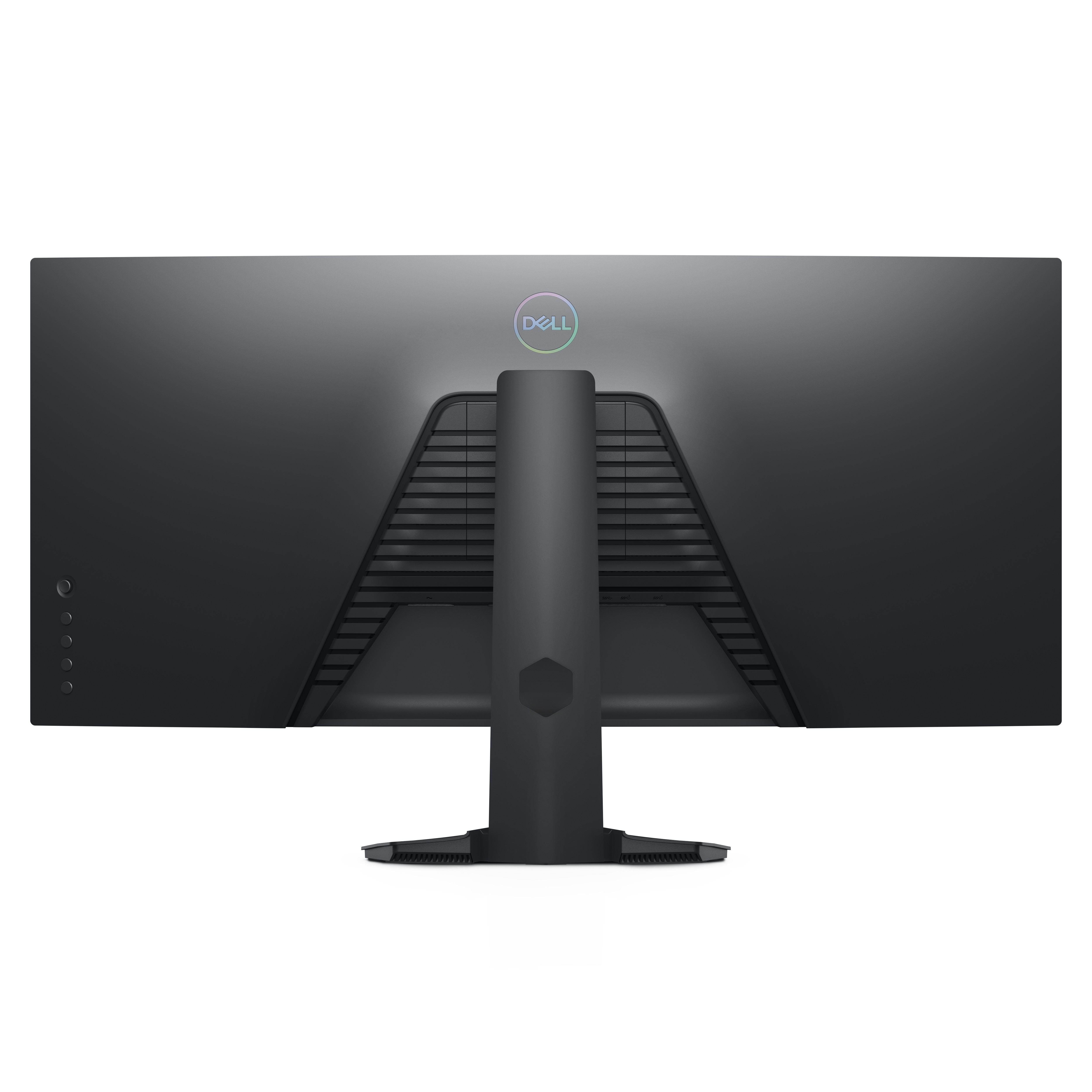 Parte trasera de un monitor DELL, negro con soporte central y logotipo DELL. Entradas y botones visibles.