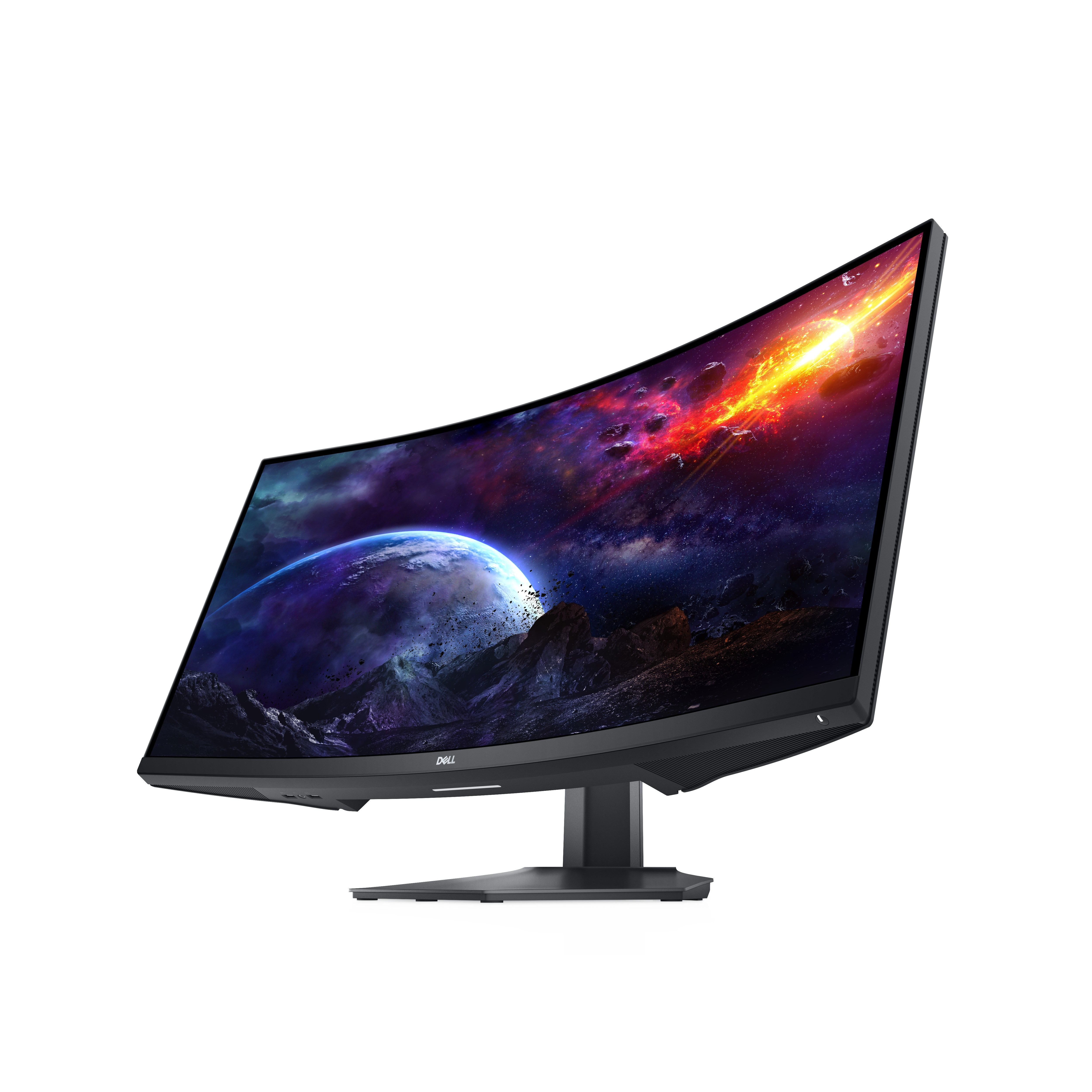 Un monitor curvo muestra una escena espacial con planetas y nebulosas sobre blanco.