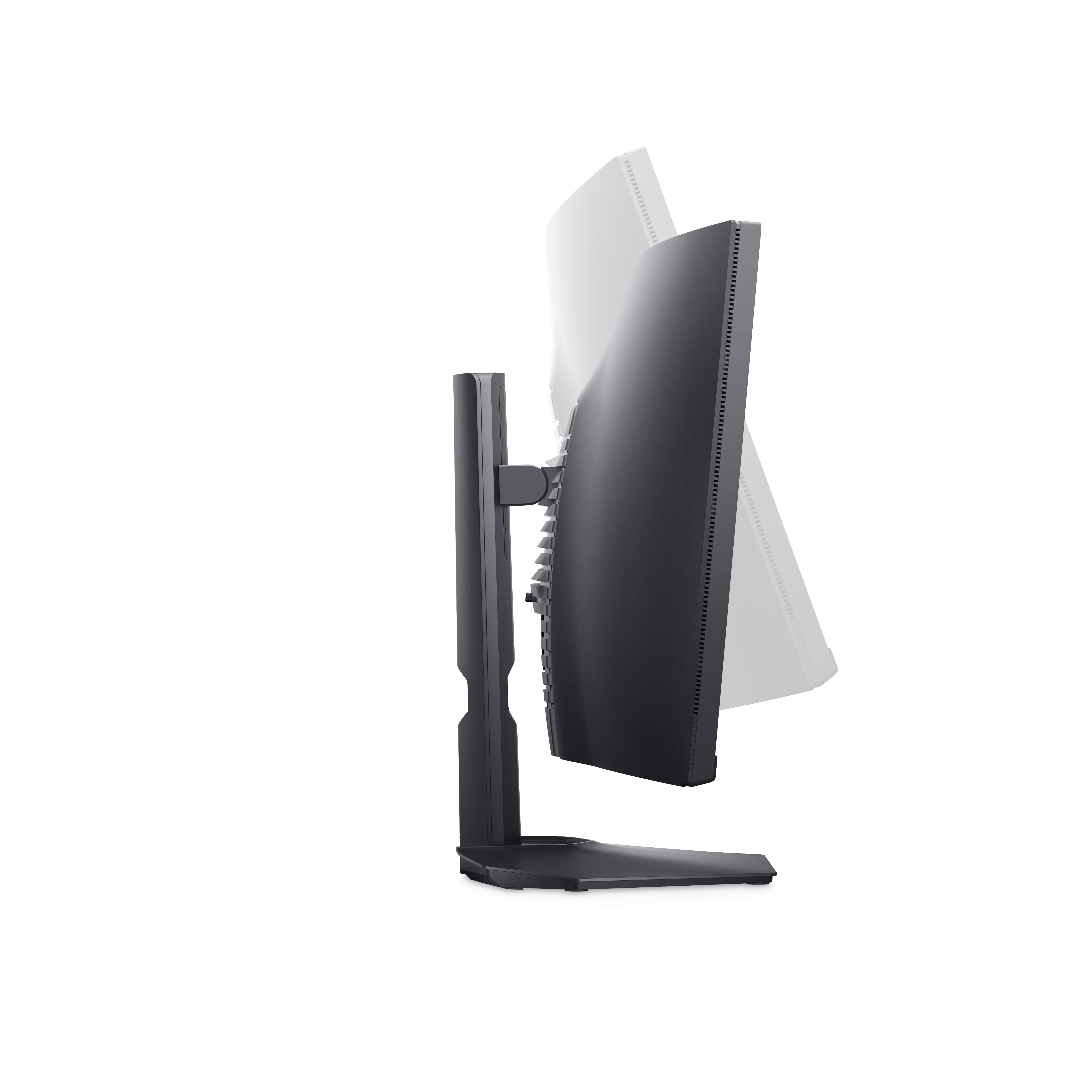 Un monitor de computadora inclinado, mostrando su lado, sobre un fondo blanco.