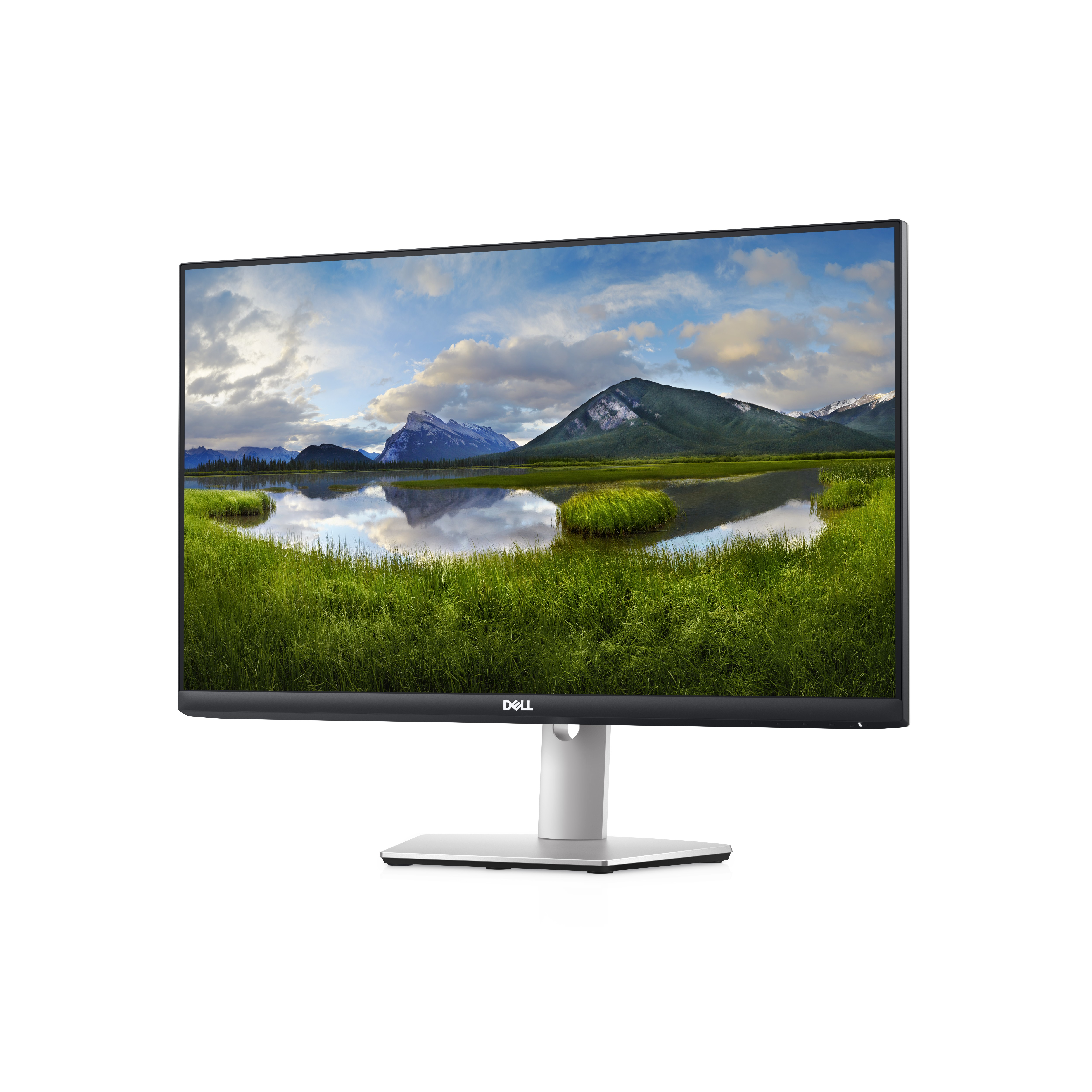 Dell-Monitor, der eine malerische Landschaft mit Bergen, See und blauem Himmel anzeigt.