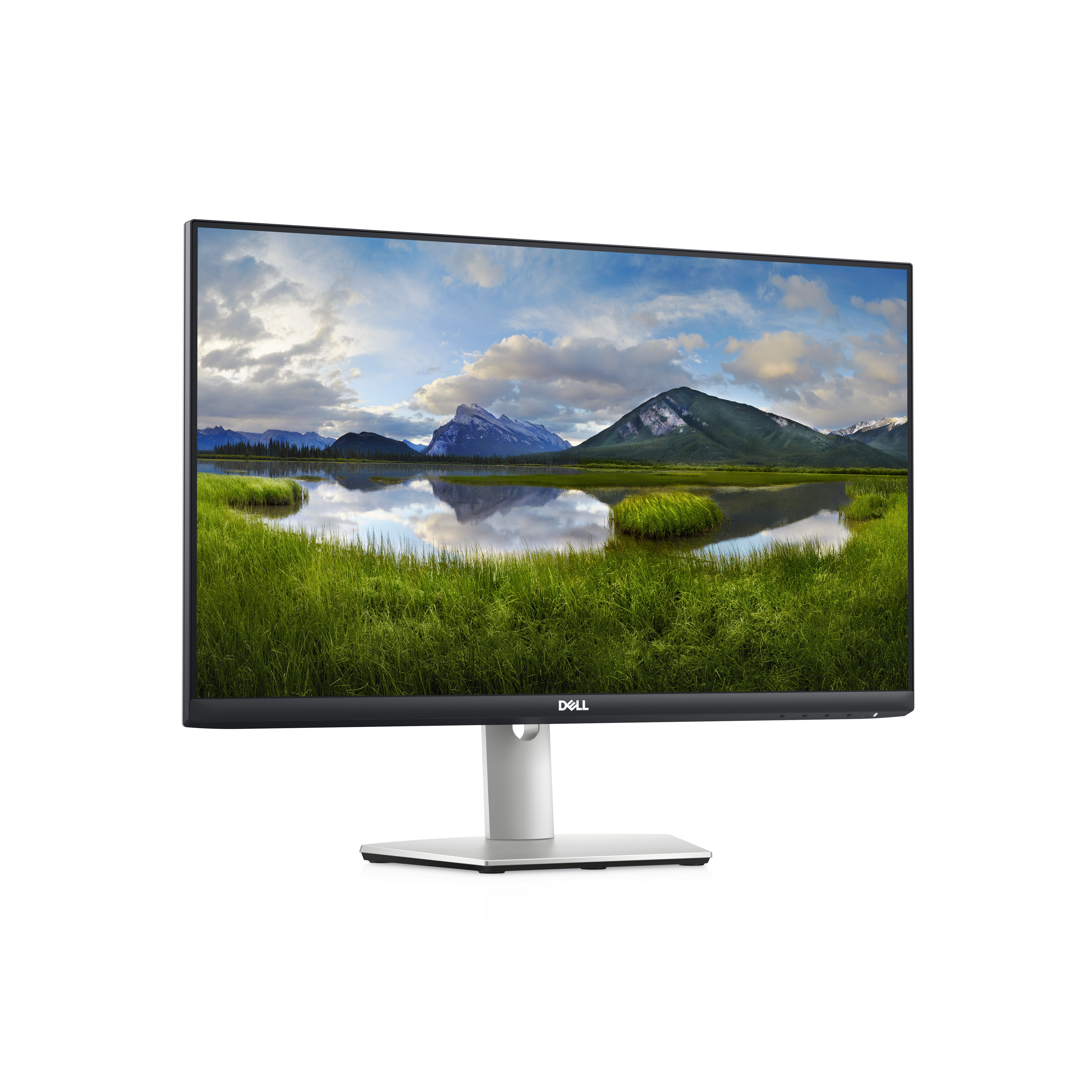 Ein Computermonitor, der eine malerische Landschaft mit Bergen, einem See und grünem Gras zeigt.
