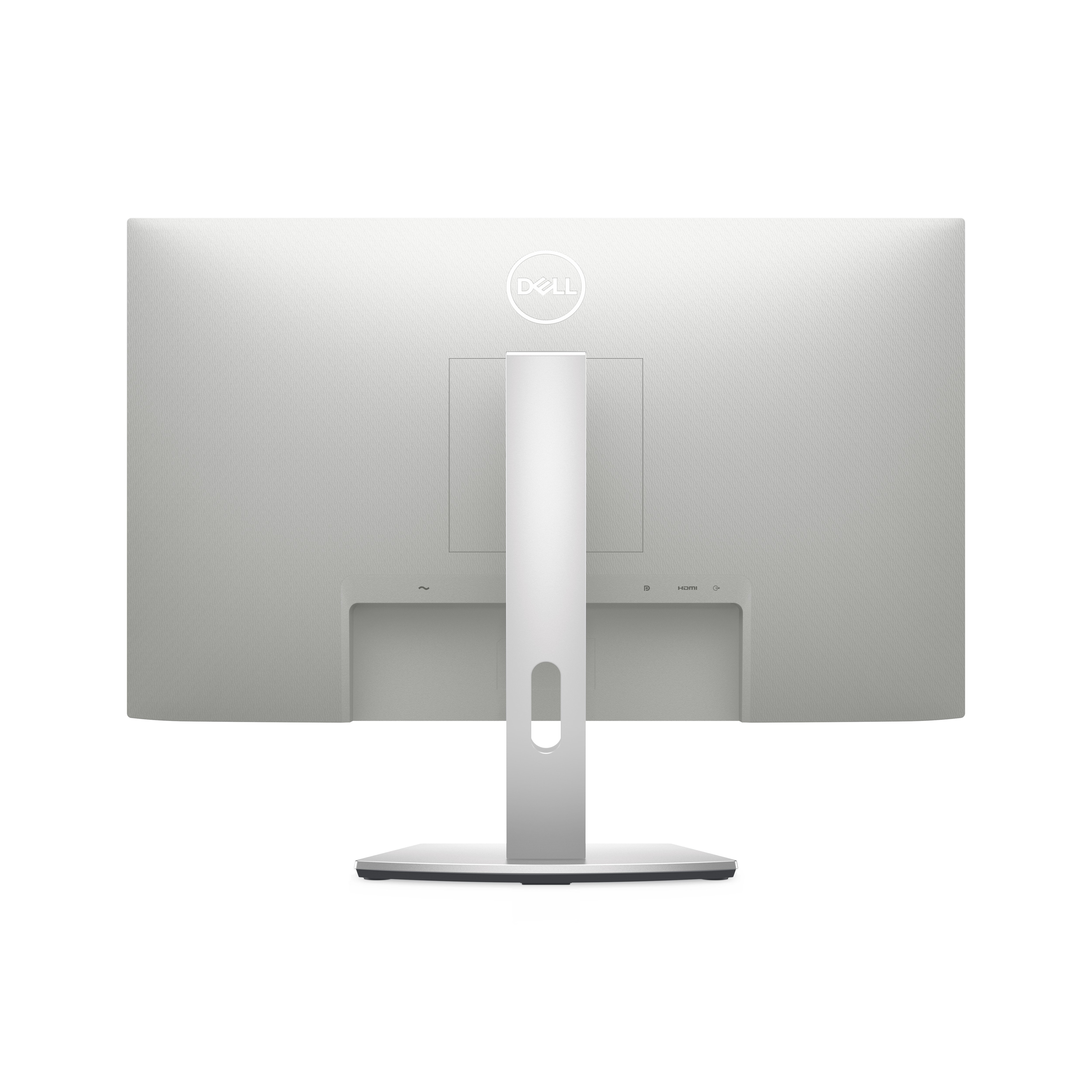 Rückseite eines silbernen Monitors mit Dell-Logo, zeigt Ständer und Anschlüsse.