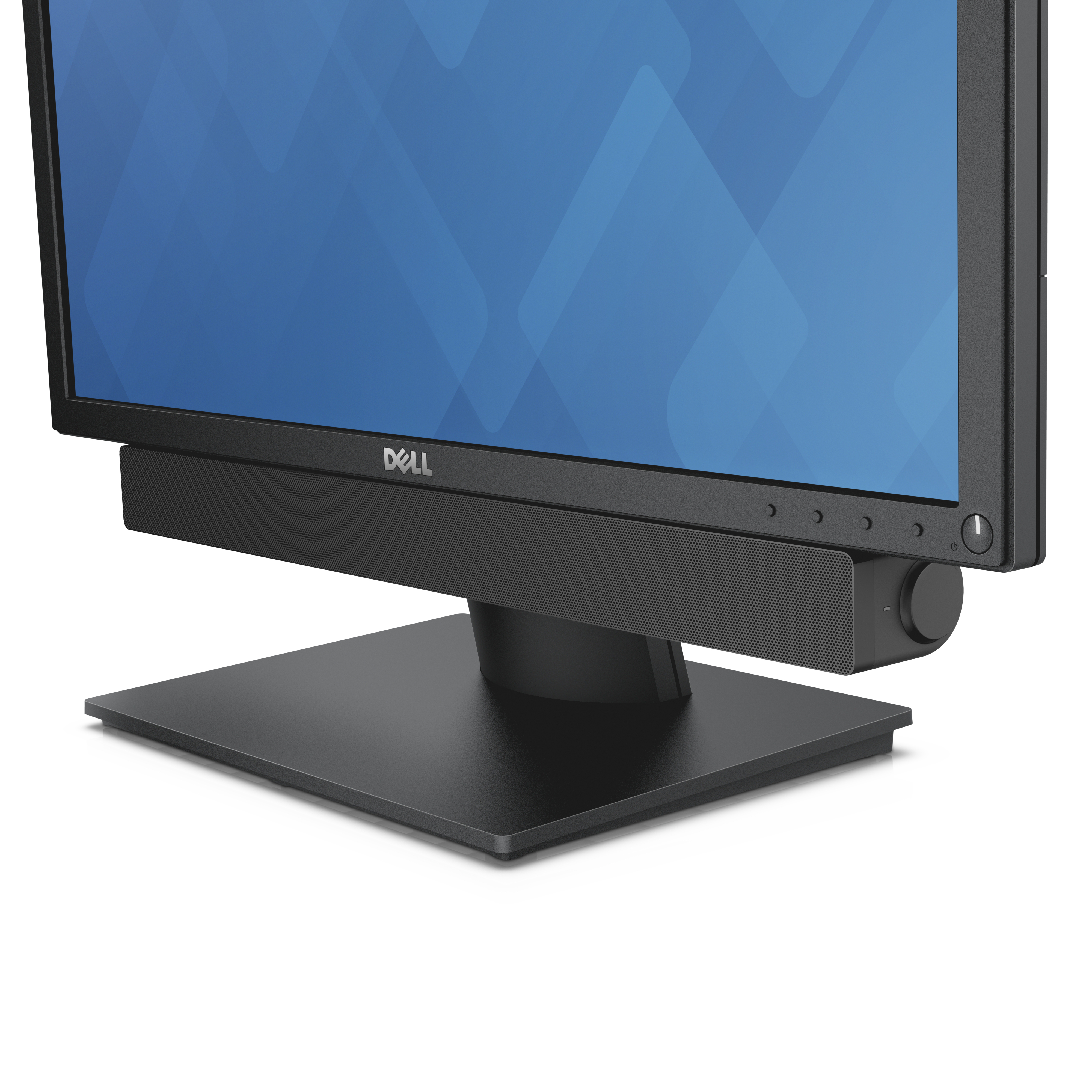 Monitor Dell con barra de altavoces. Base negra, pantalla azul y mando de volumen.