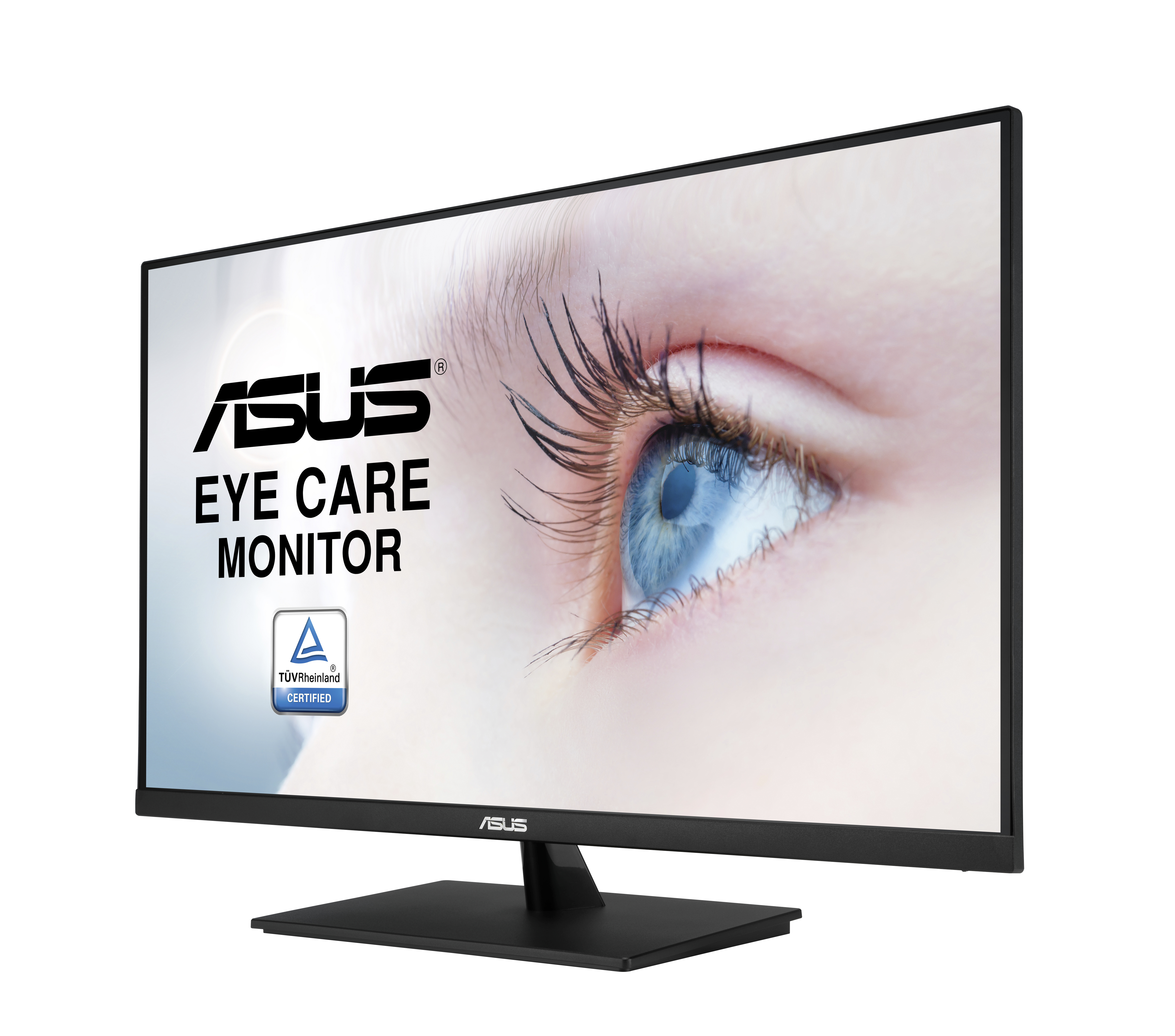 Monitor komputerowy pokazujący zbliżenie oka i słowa ASUS Eye Care.