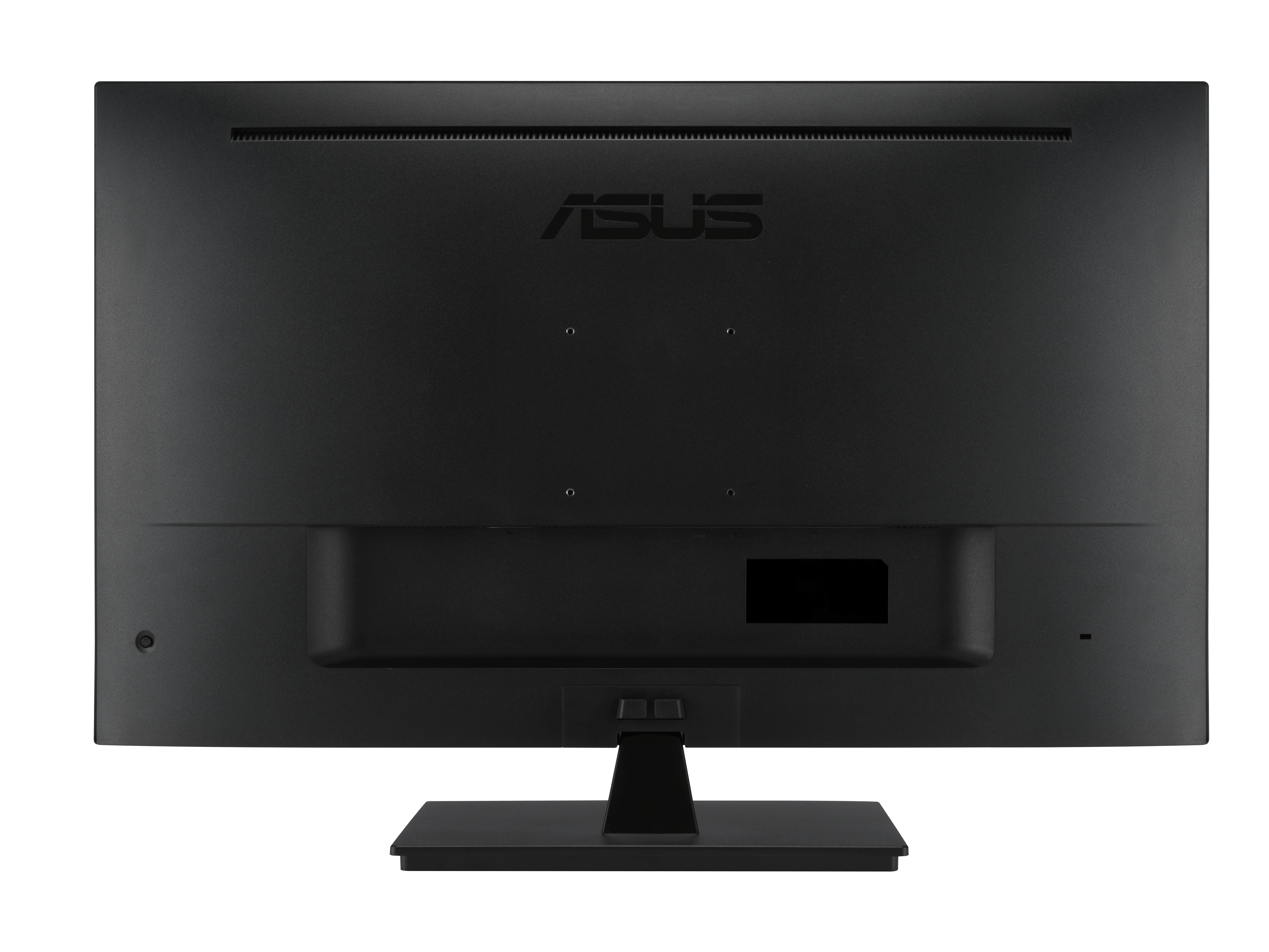 Tył czarnego monitora ASUS. Monitor ma podstawkę i widoczne jest logo ASUS.