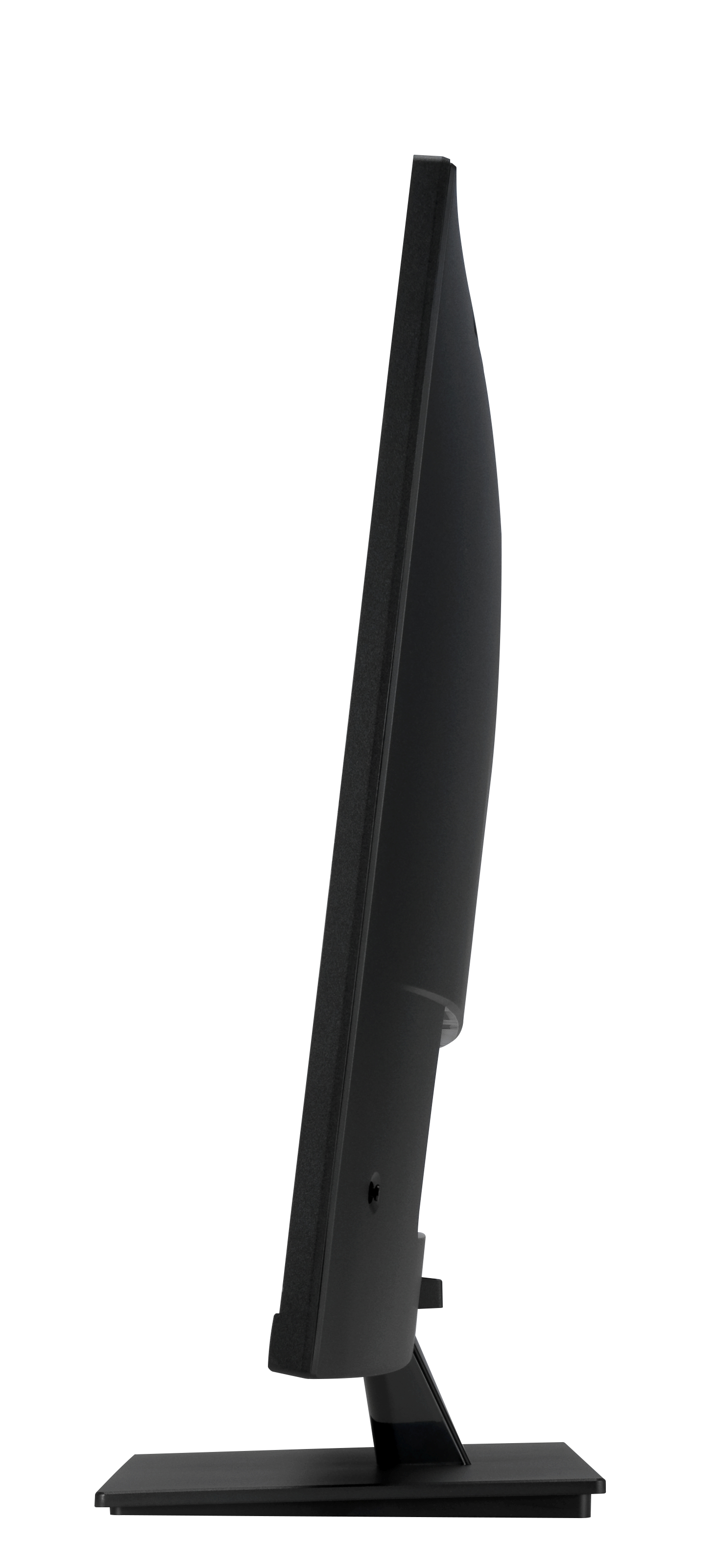 Czarny monitor komputera widziany z boku, ze stojakiem.