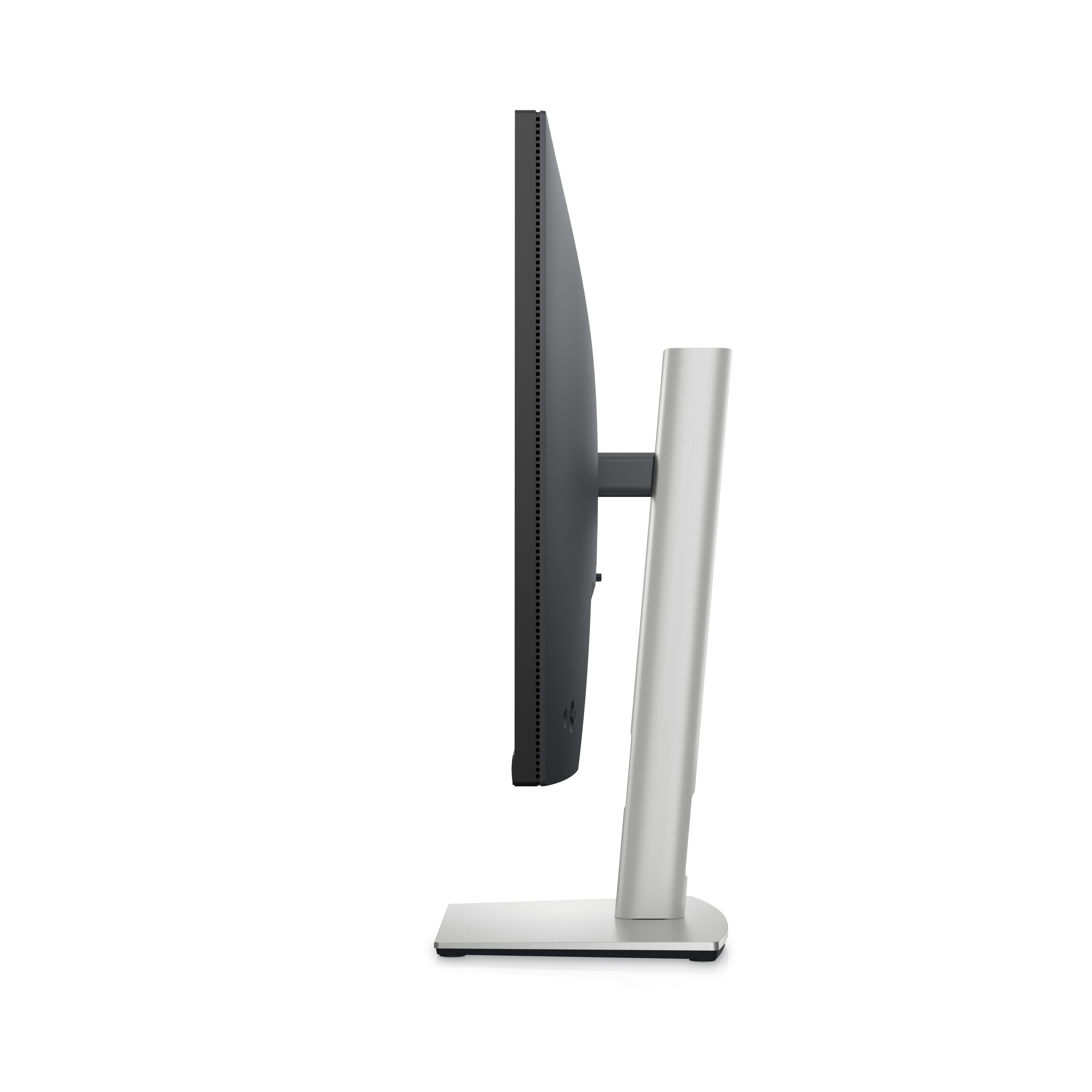 Widok z boku srebrnego monitora z czarnym ekranem.