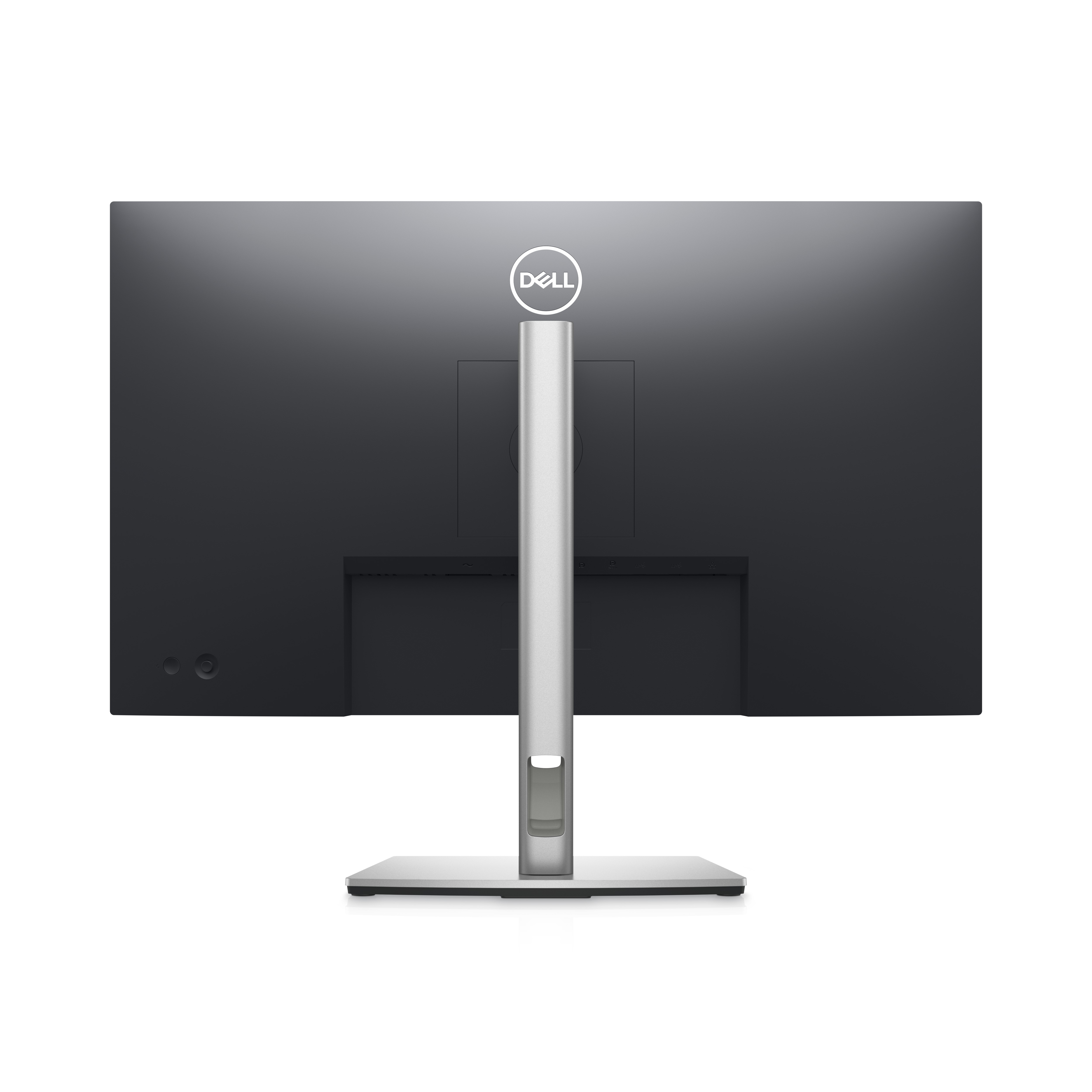 Tył monitora z logo Dell u góry, podstawką i różnymi portami.