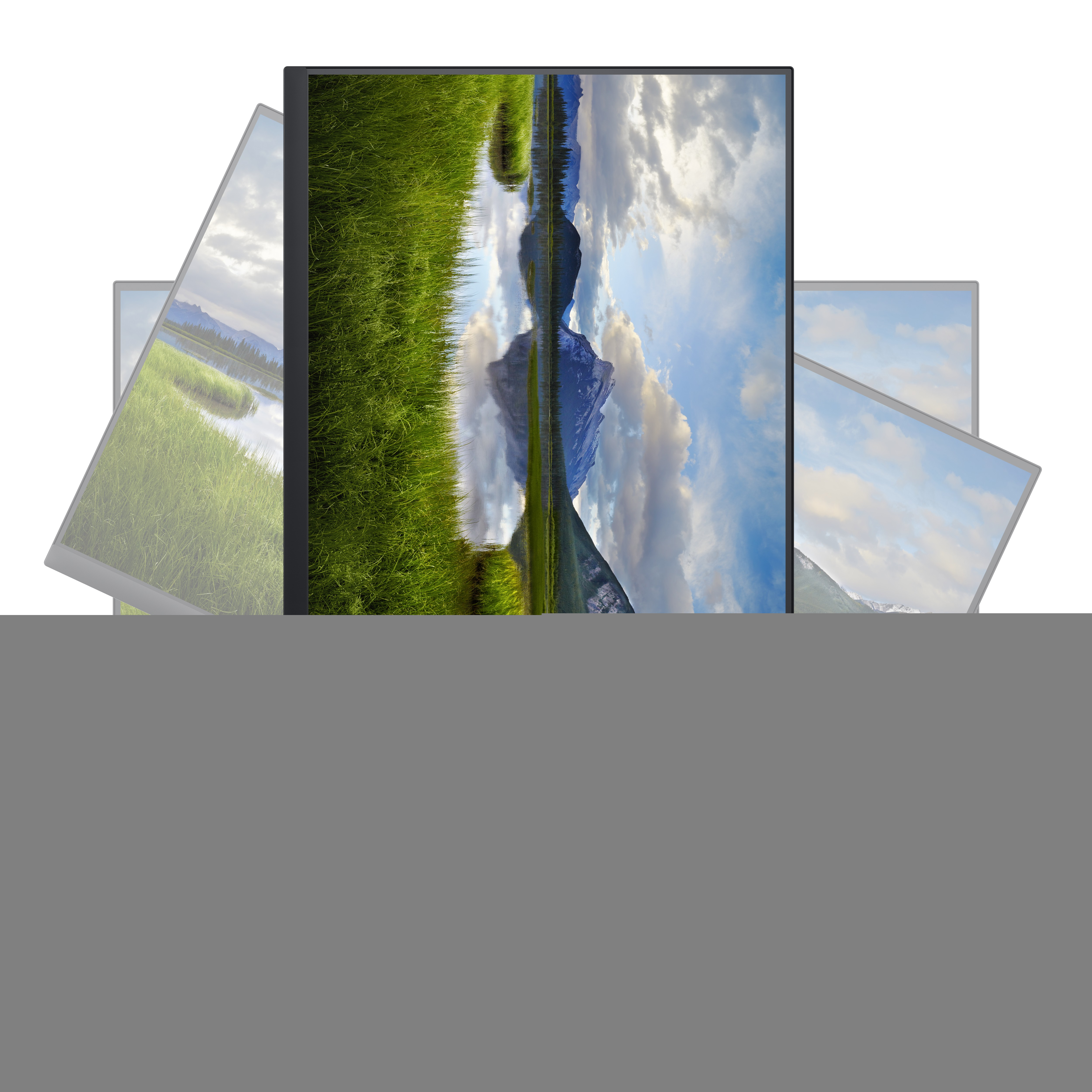Wiele monitorów wyświetlających krajobraz naturalny. Scena gór i jezior, niebo i chmury. Szare krawędzie.