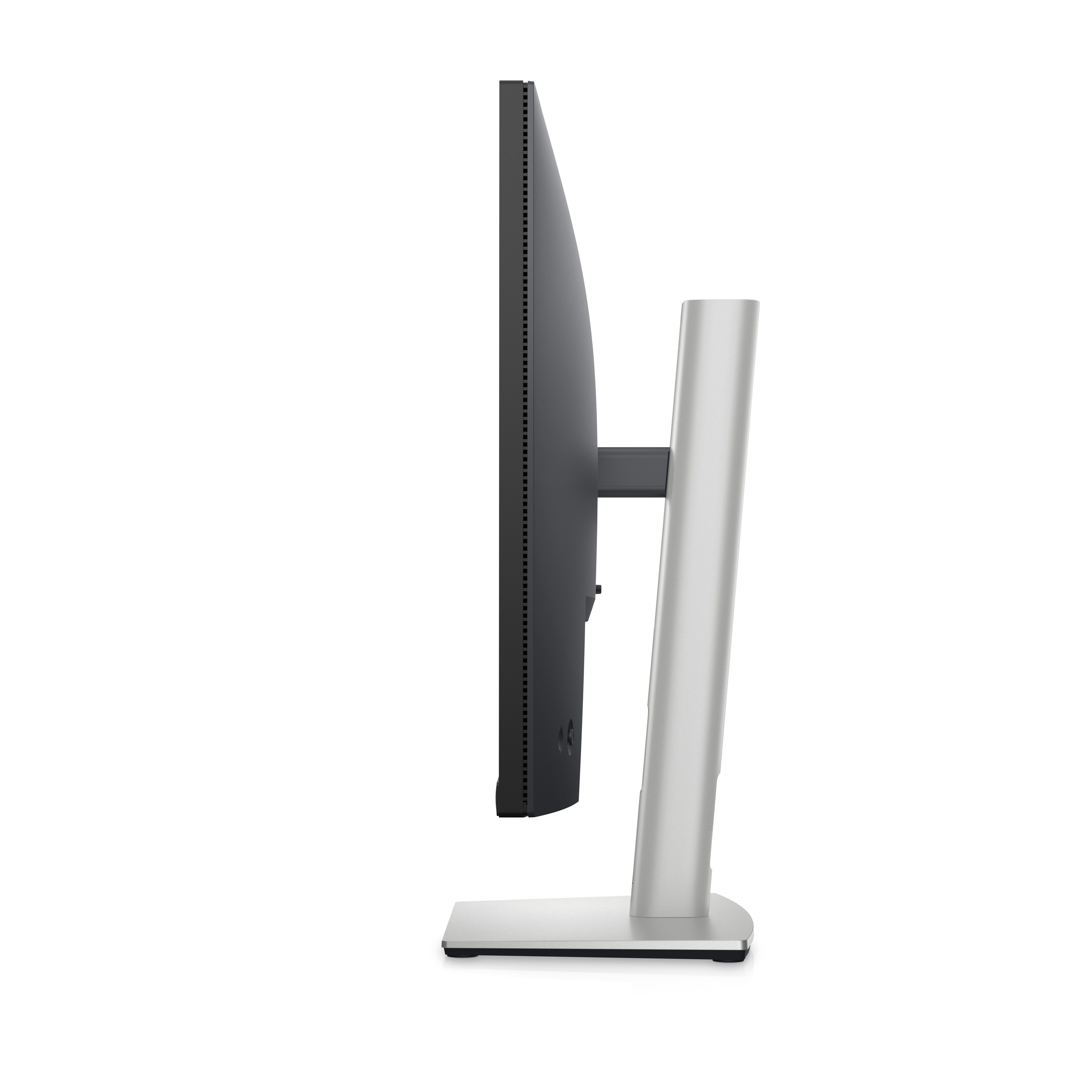 Widok z boku monitora komputera ze srebrną podstawą.