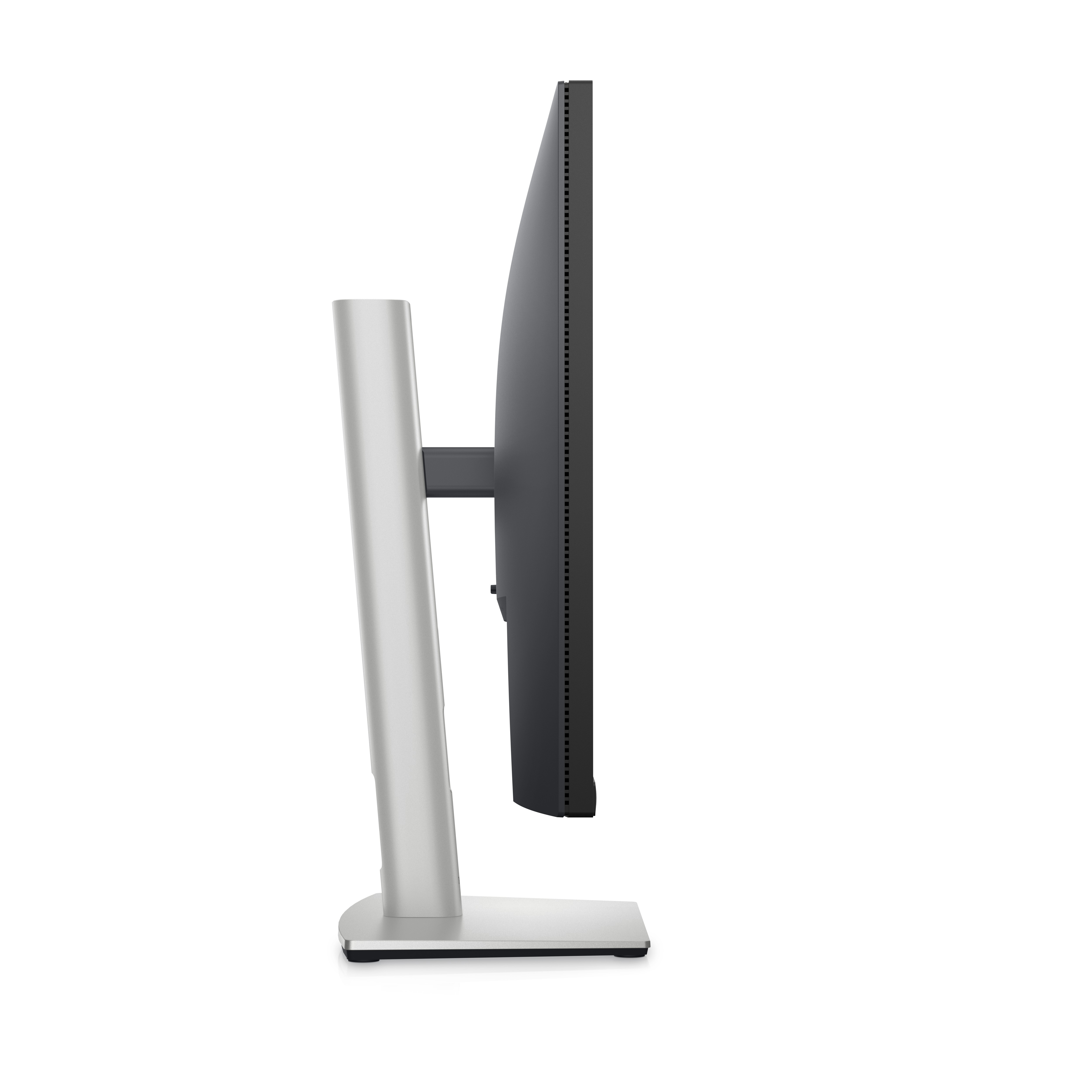 Widok z boku monitora komputera ze srebrną podstawą i czarnym ekranem.