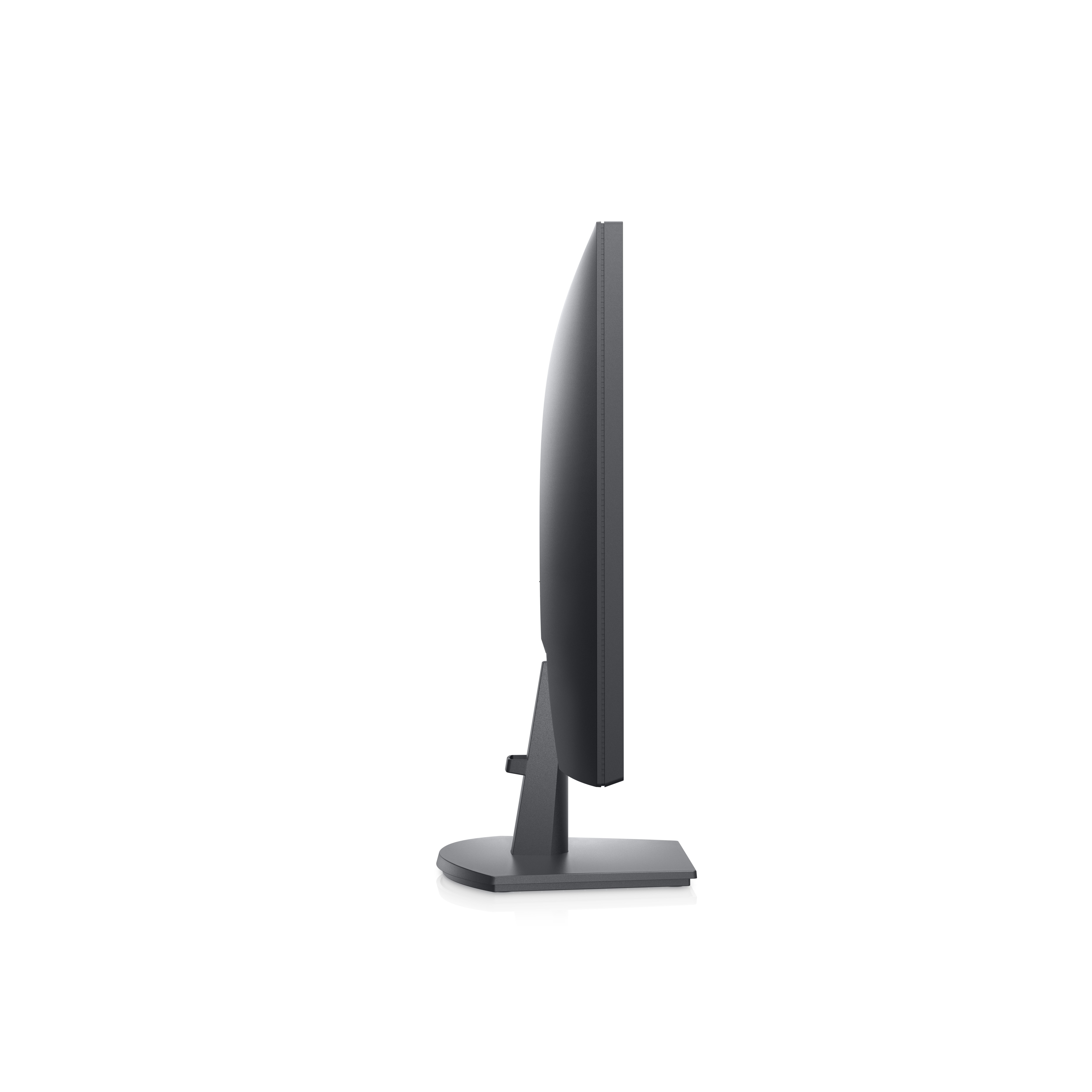 Vista laterale di un monitor per computer nero con supporto nero, isolato su sfondo bianco.