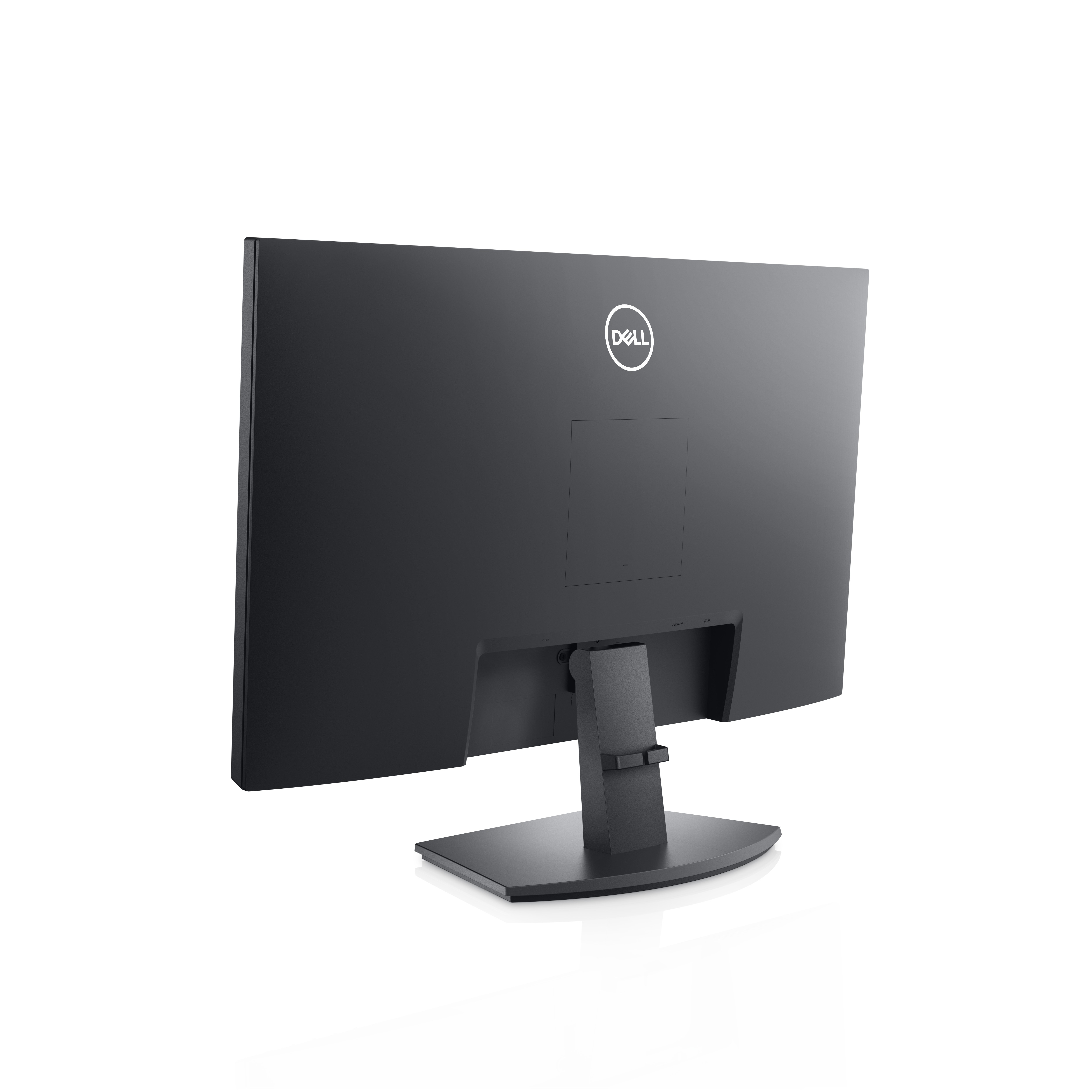 Vista posteriore di un monitor nero con il logo Dell, su sfondo bianco.